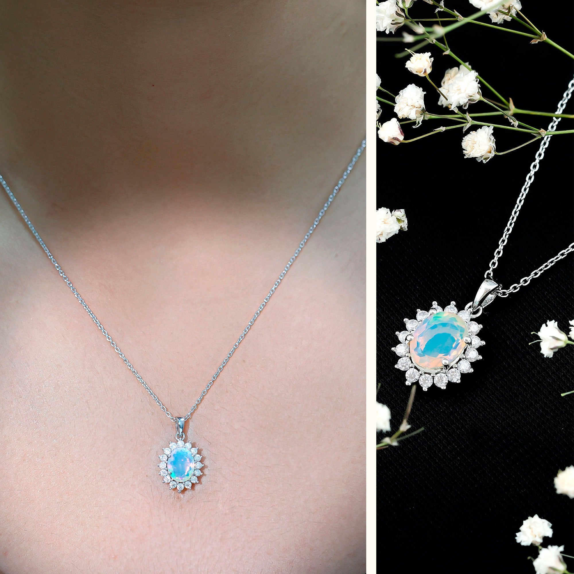 Real 1.9 Carat Ethiopian Opal Halo Necklace With Silver Chain AAA 92.5 Sterling Silver - Rosec Jewels