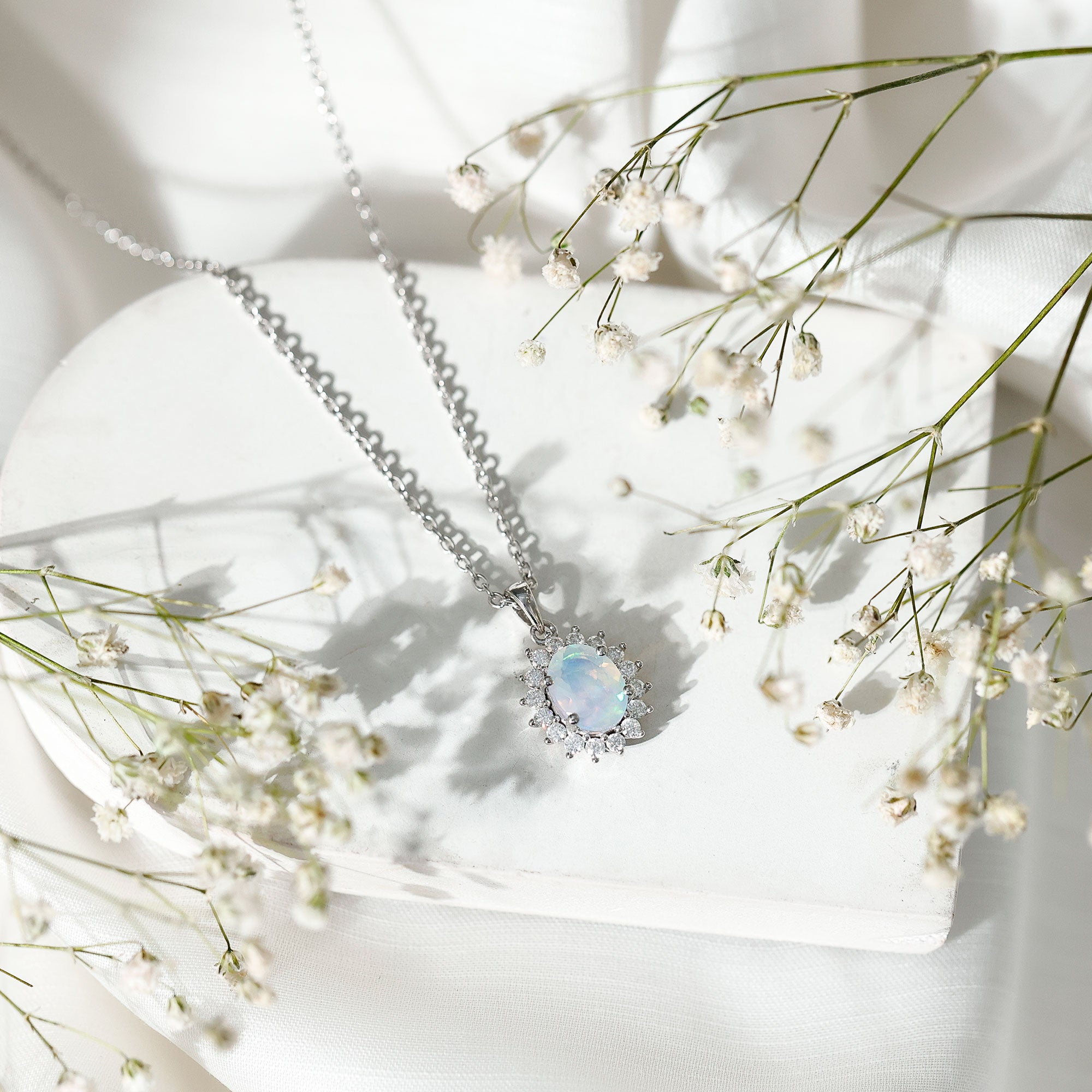 Real 1.9 Carat Ethiopian Opal Halo Necklace With Silver Chain AAA 92.5 Sterling Silver - Rosec Jewels