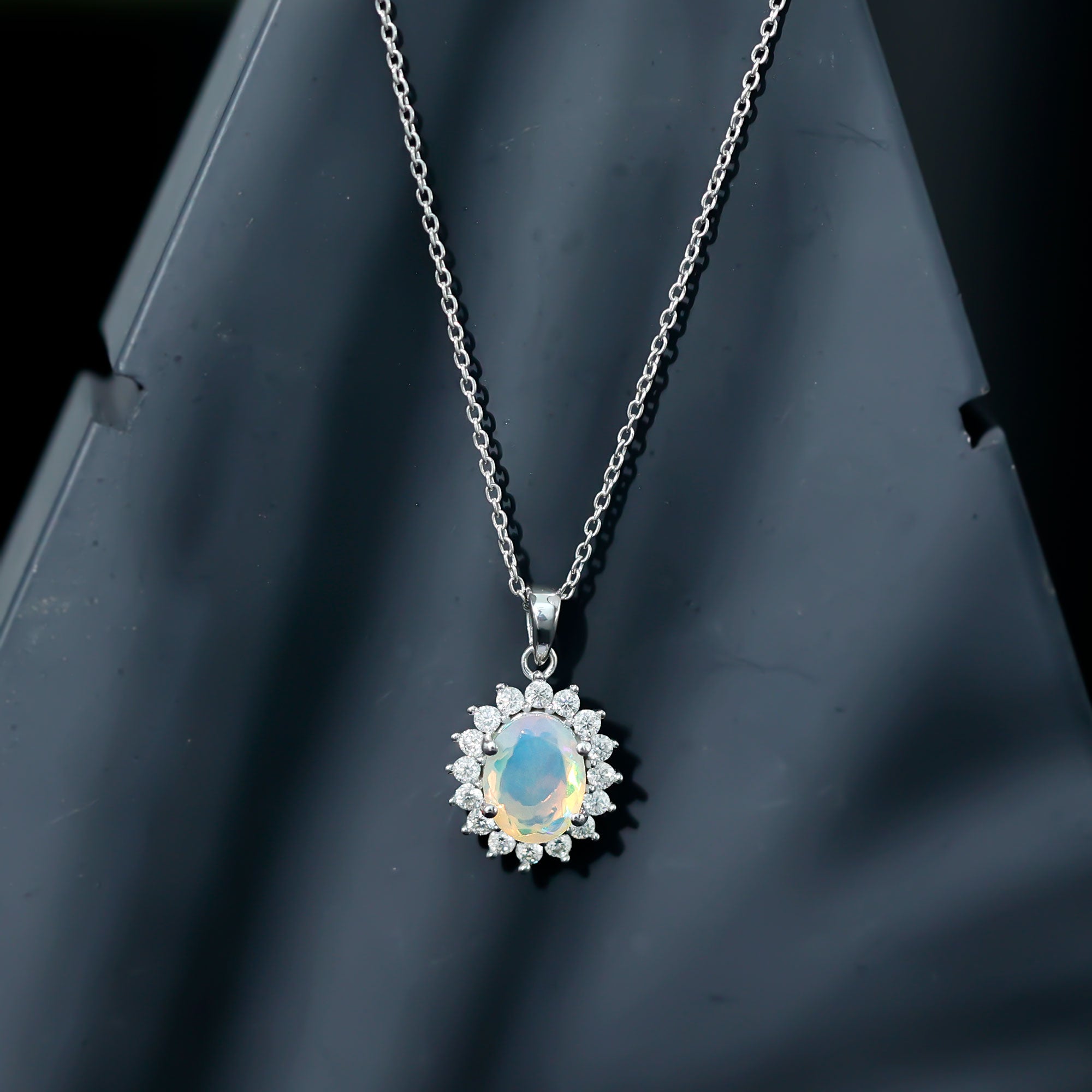 Real 1.9 Carat Ethiopian Opal Halo Necklace With Silver Chain AAA 92.5 Sterling Silver - Rosec Jewels