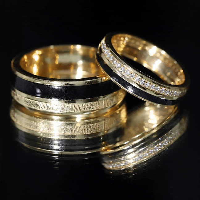 Real Diamond Couple Band Ring Set with Black Enamel Natural - ( HI-SI ) - Rosec Jewels