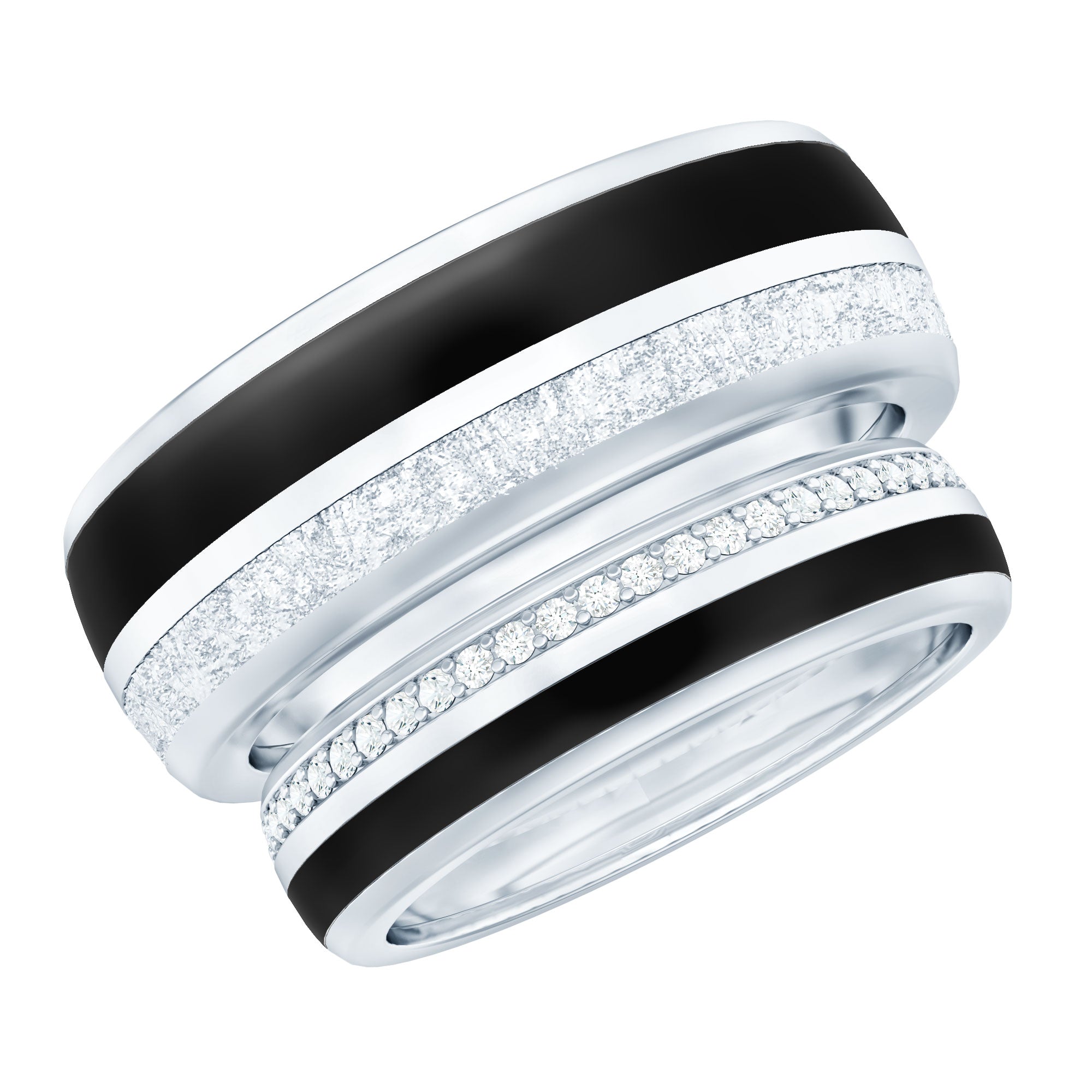 Real Diamond Couple Band Ring Set with Black Enamel Natural - ( HI-SI ) - Rosec Jewels
