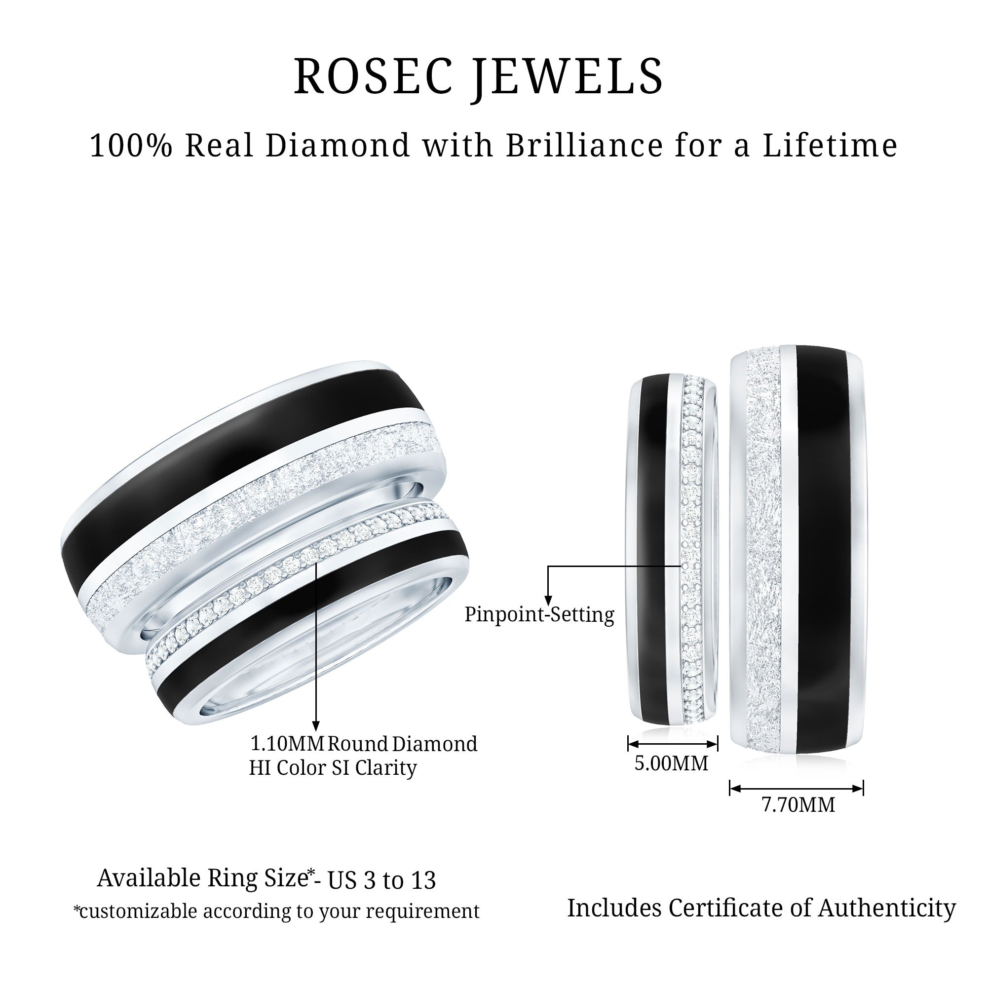 Real Diamond Couple Band Ring Set with Black Enamel Natural - ( HI-SI ) - Rosec Jewels