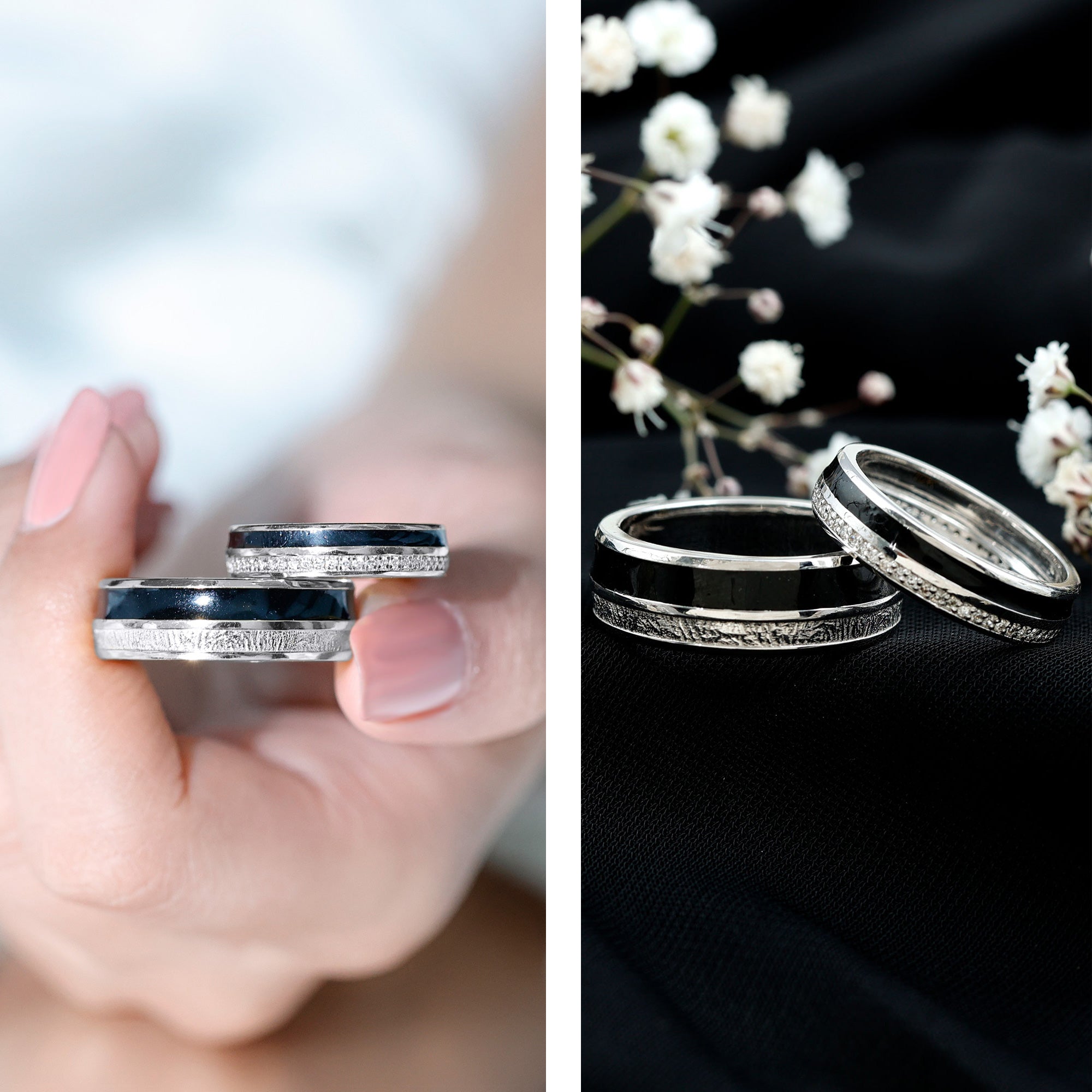 Real Diamond Couple Band Ring Set with Black Enamel Natural - ( HI-SI ) - Rosec Jewels
