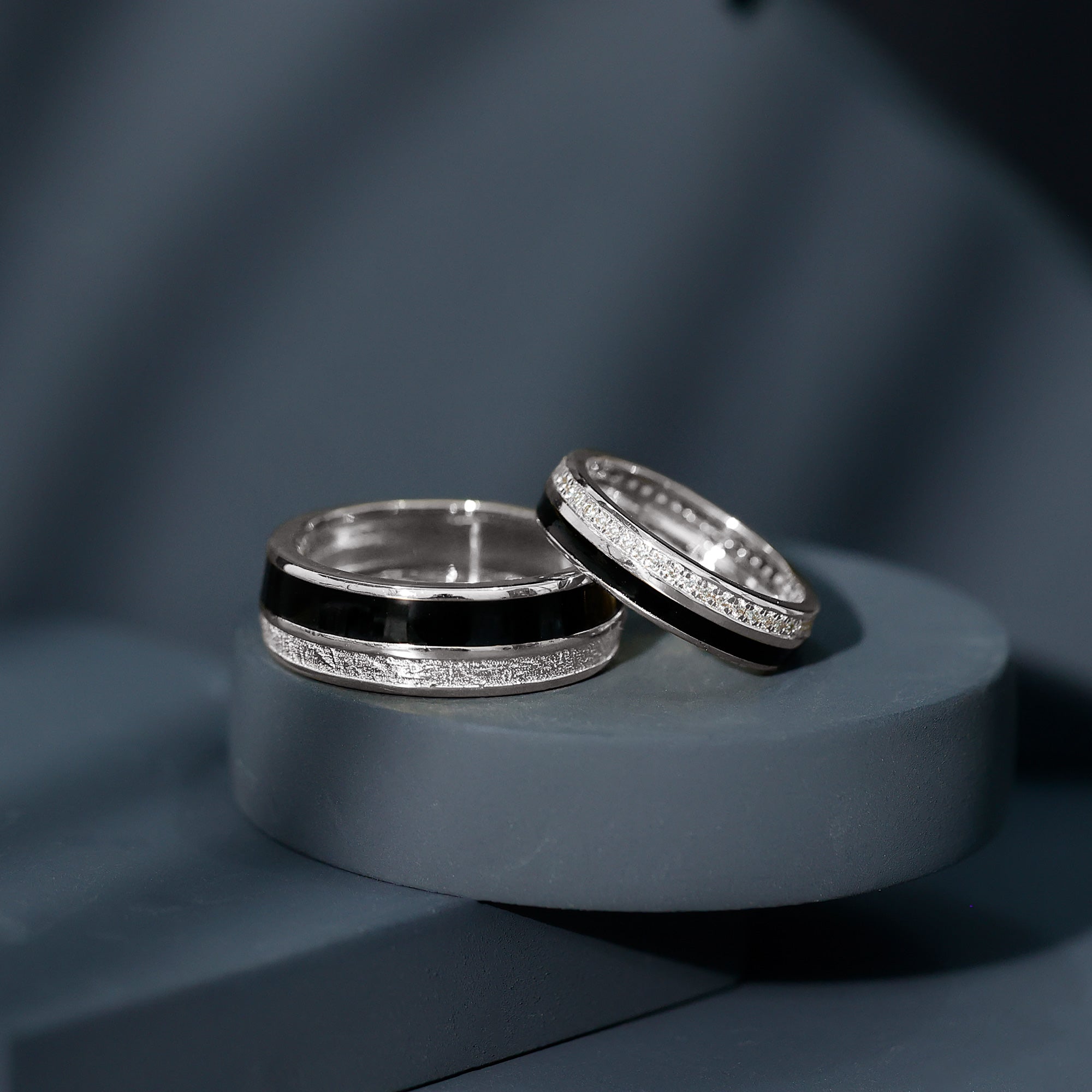 Real Diamond Couple Band Ring Set with Black Enamel Natural - ( HI-SI ) - Rosec Jewels