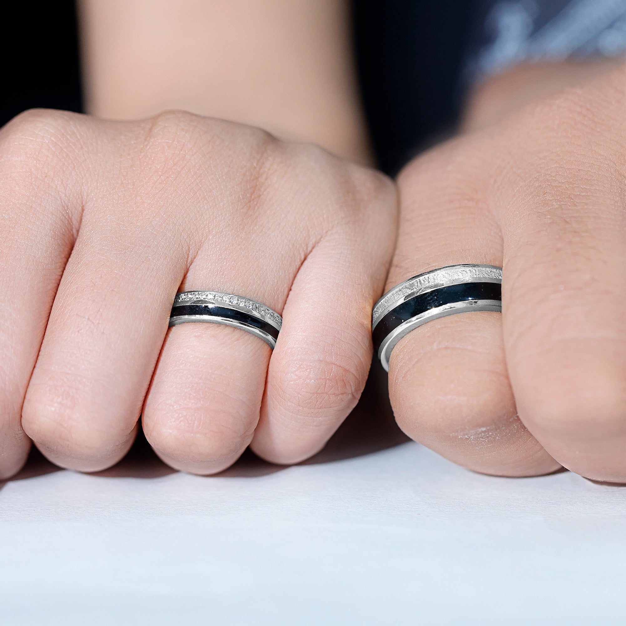 Real Diamond Couple Band Ring Set with Black Enamel Natural - ( HI-SI ) - Rosec Jewels