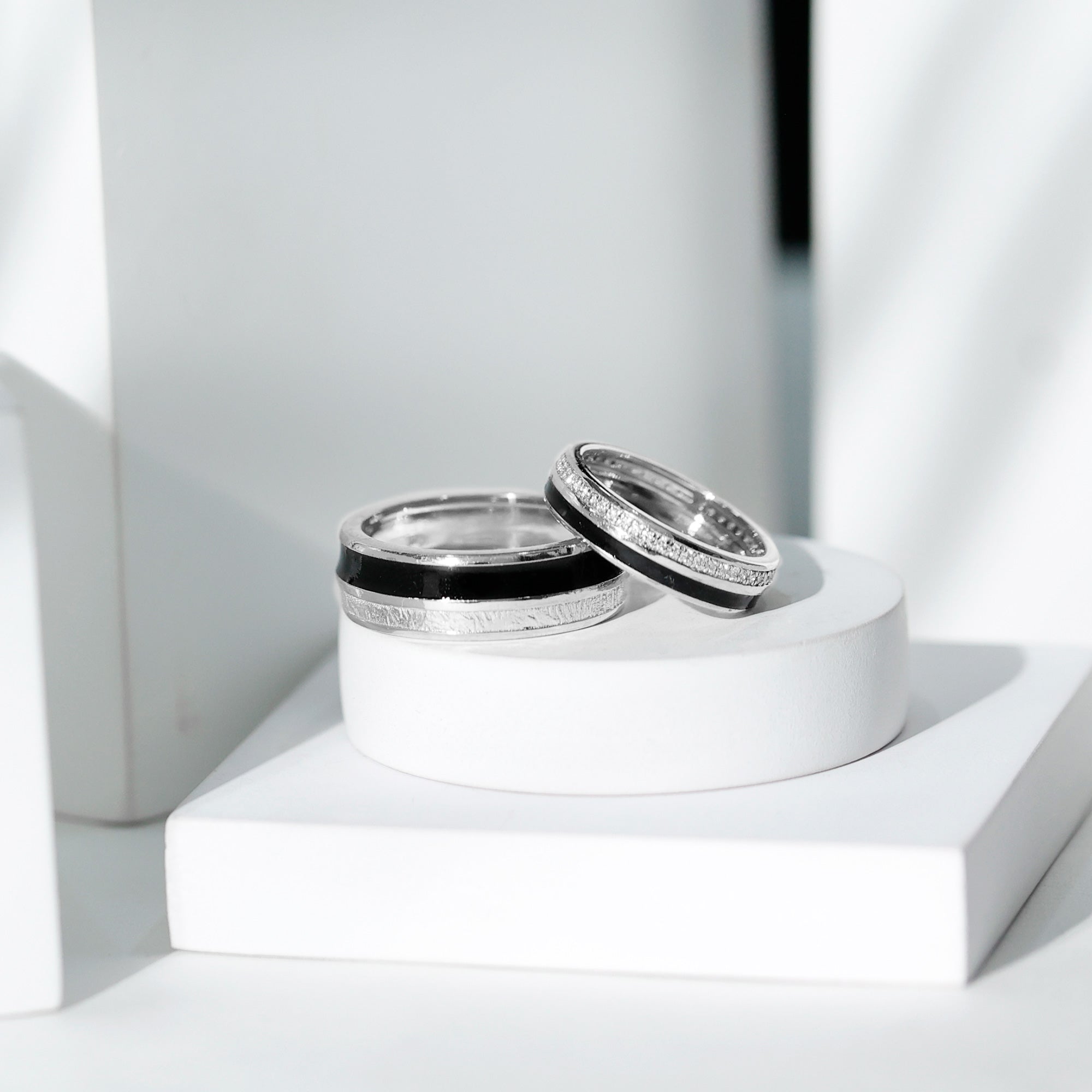 Real Diamond Couple Band Ring Set with Black Enamel Natural - ( HI-SI ) - Rosec Jewels