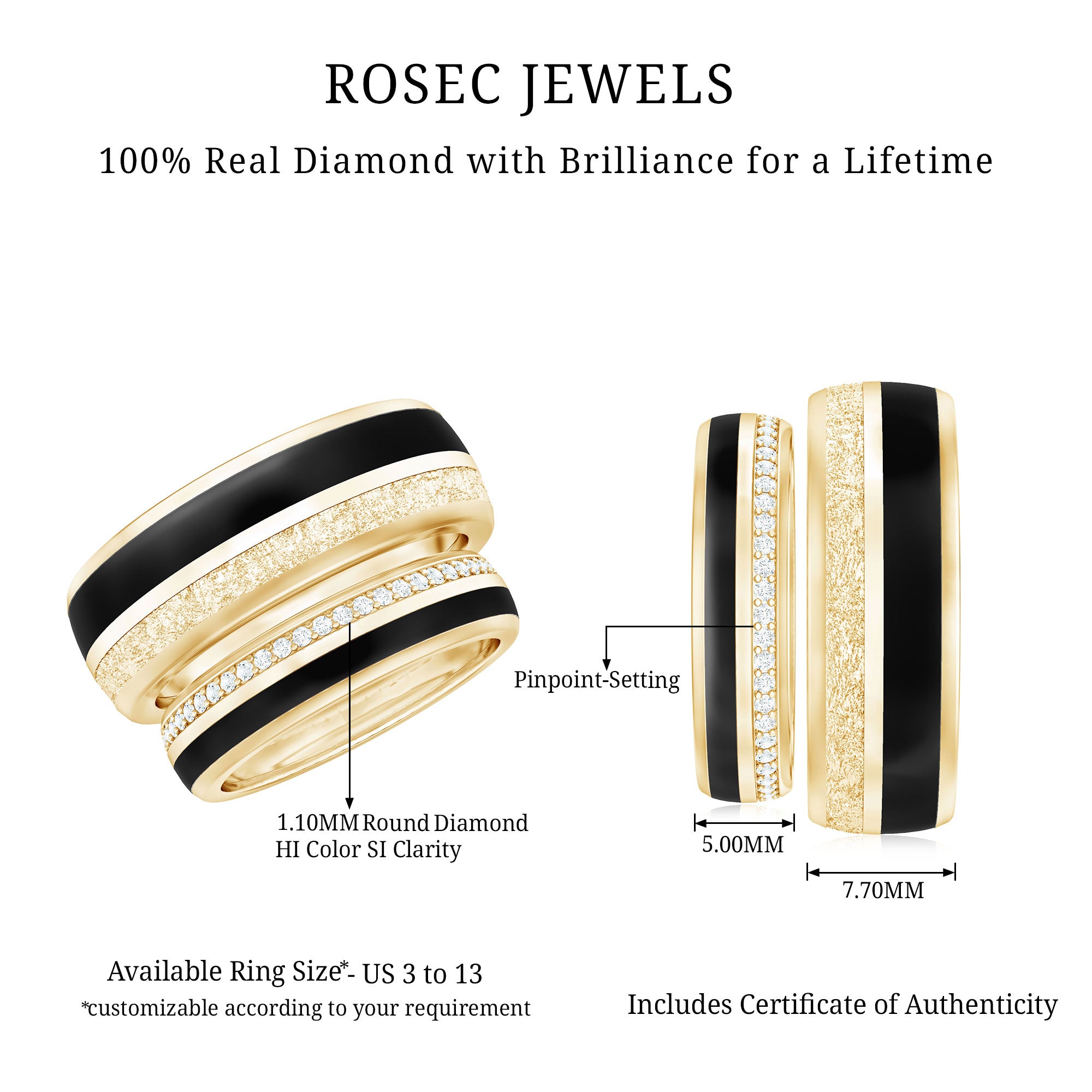 Real Diamond Couple Band Ring Set with Black Enamel Natural - ( HI-SI ) - Rosec Jewels