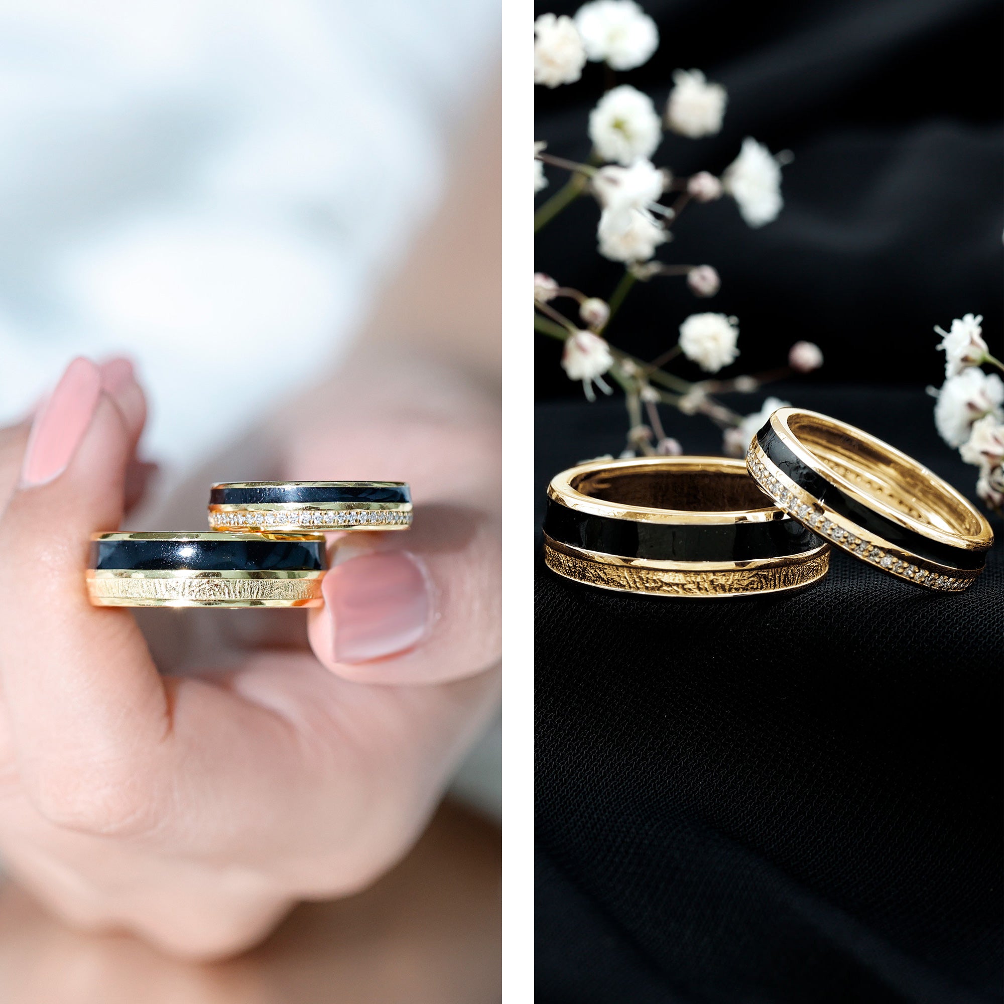 Real Diamond Couple Band Ring Set with Black Enamel Natural - ( HI-SI ) - Rosec Jewels