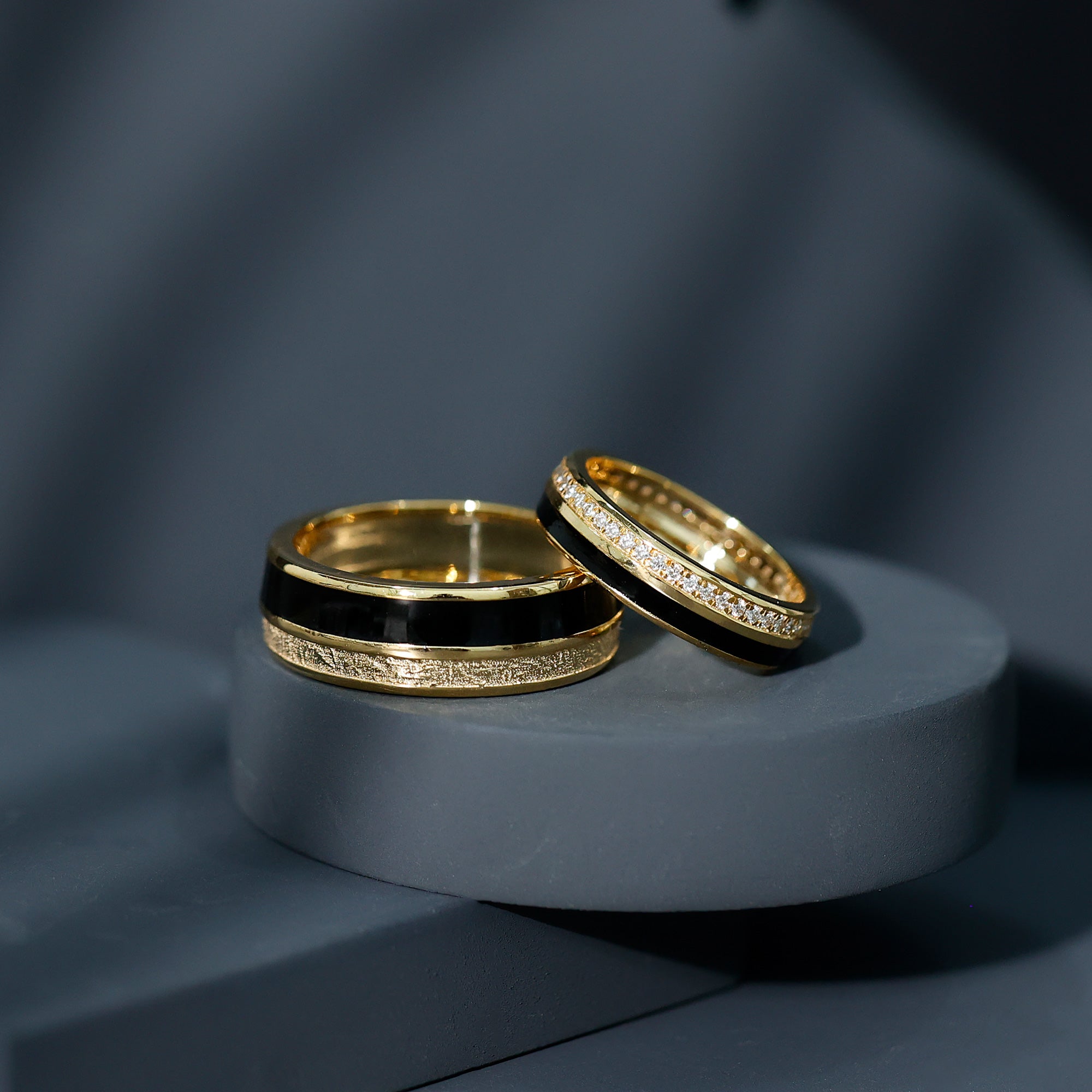 Real Diamond Couple Band Ring Set with Black Enamel Natural - ( HI-SI ) - Rosec Jewels