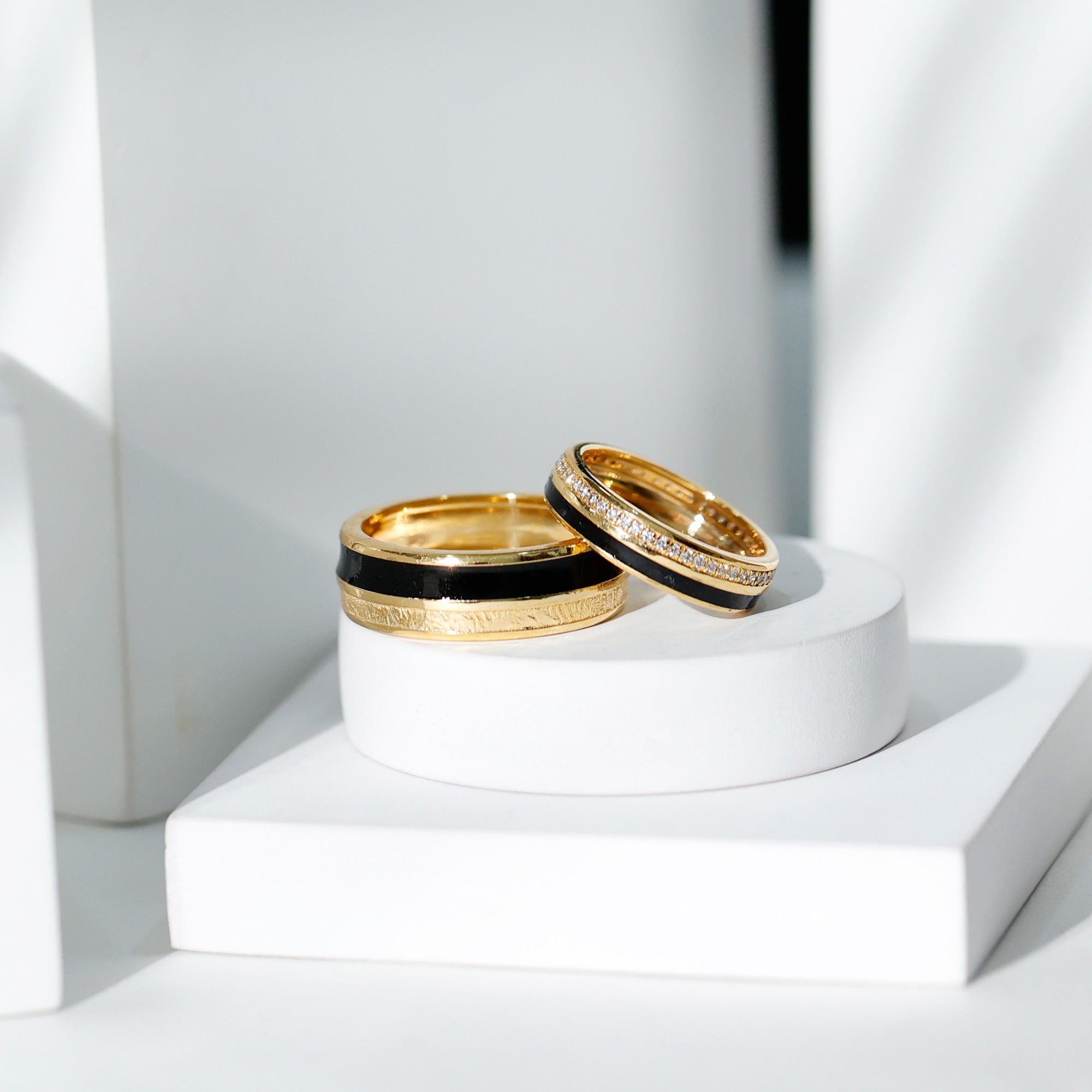 Real Diamond Couple Band Ring Set with Black Enamel Natural - ( HI-SI ) - Rosec Jewels