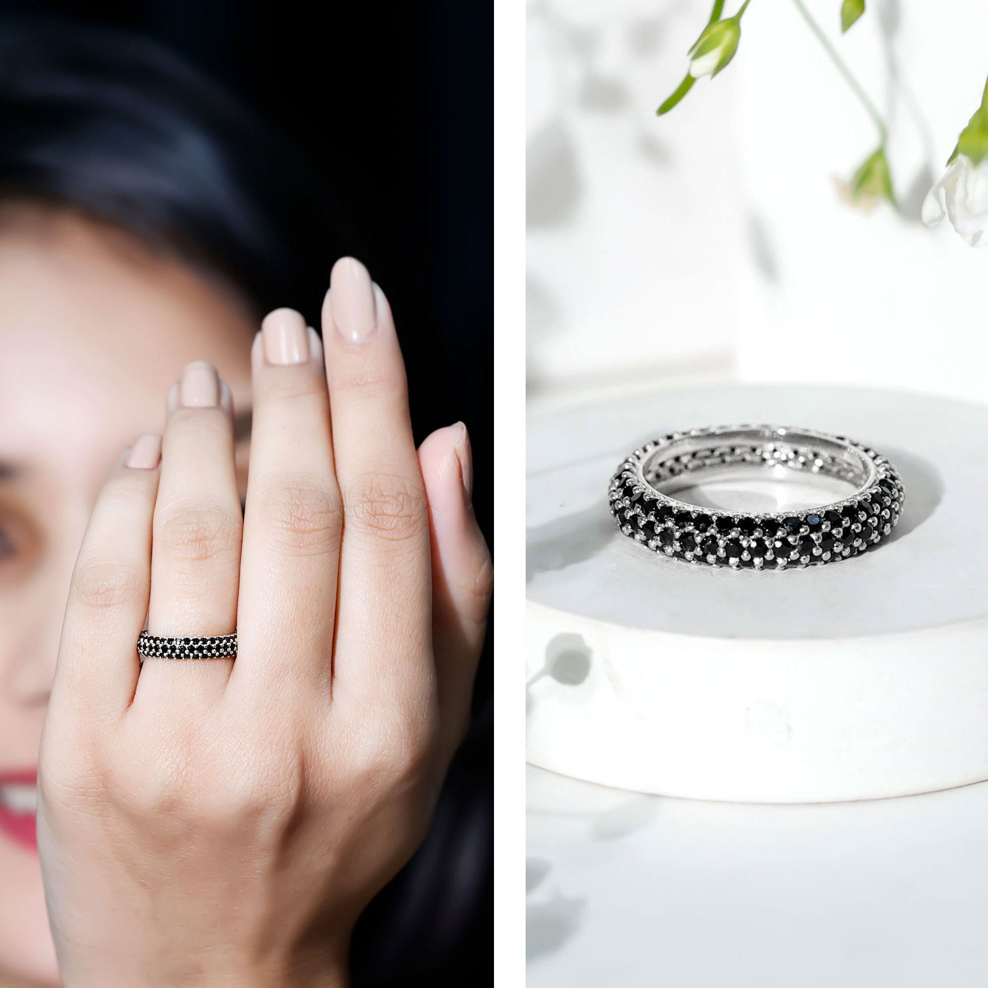 Certified Lab Grown Black Diamond 3 Row Eternity Band Ring AAAA ( Synthetic ) - Rosec Jewels