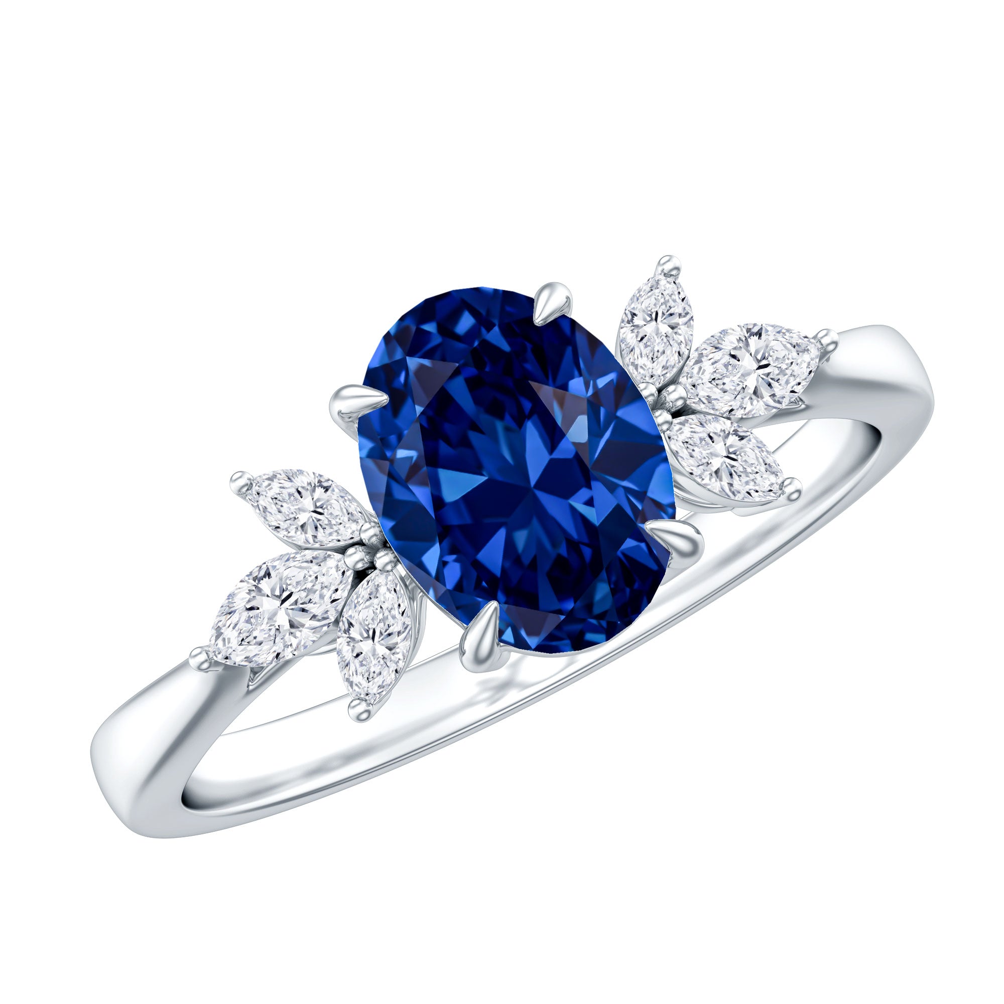 Certified 1.5 Carat Oval Lab Grown Blue Sapphire Engagement Ring with Diamond Trio AAAA - Rosec Jewels