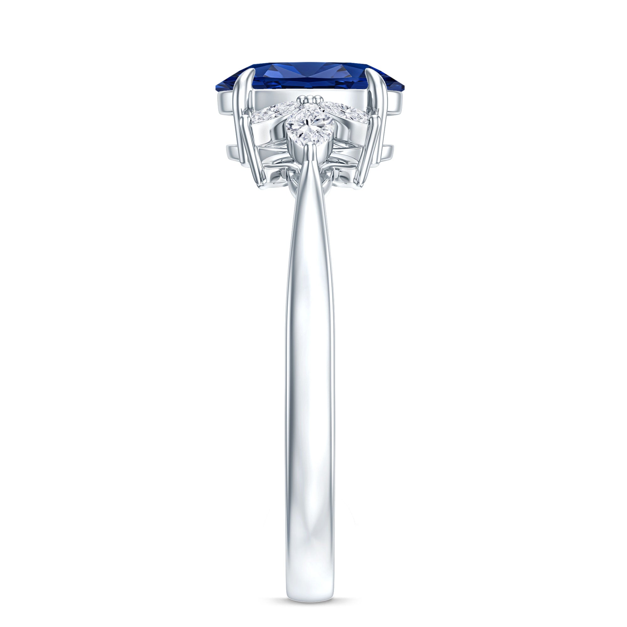 Certified 1.5 Carat Oval Lab Grown Blue Sapphire Engagement Ring with Diamond Trio AAAA - Rosec Jewels
