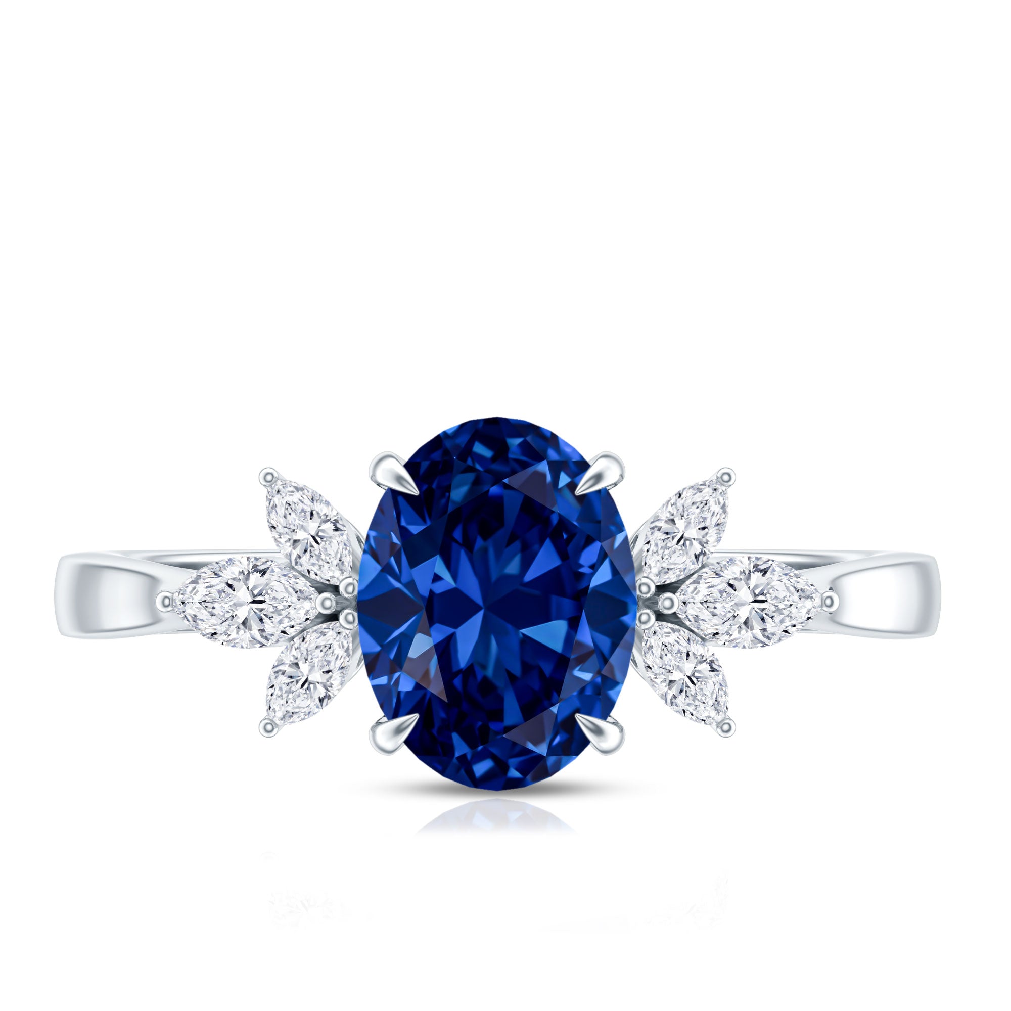 Certified 1.5 Carat Oval Lab Grown Blue Sapphire Engagement Ring with Diamond Trio AAAA - Rosec Jewels