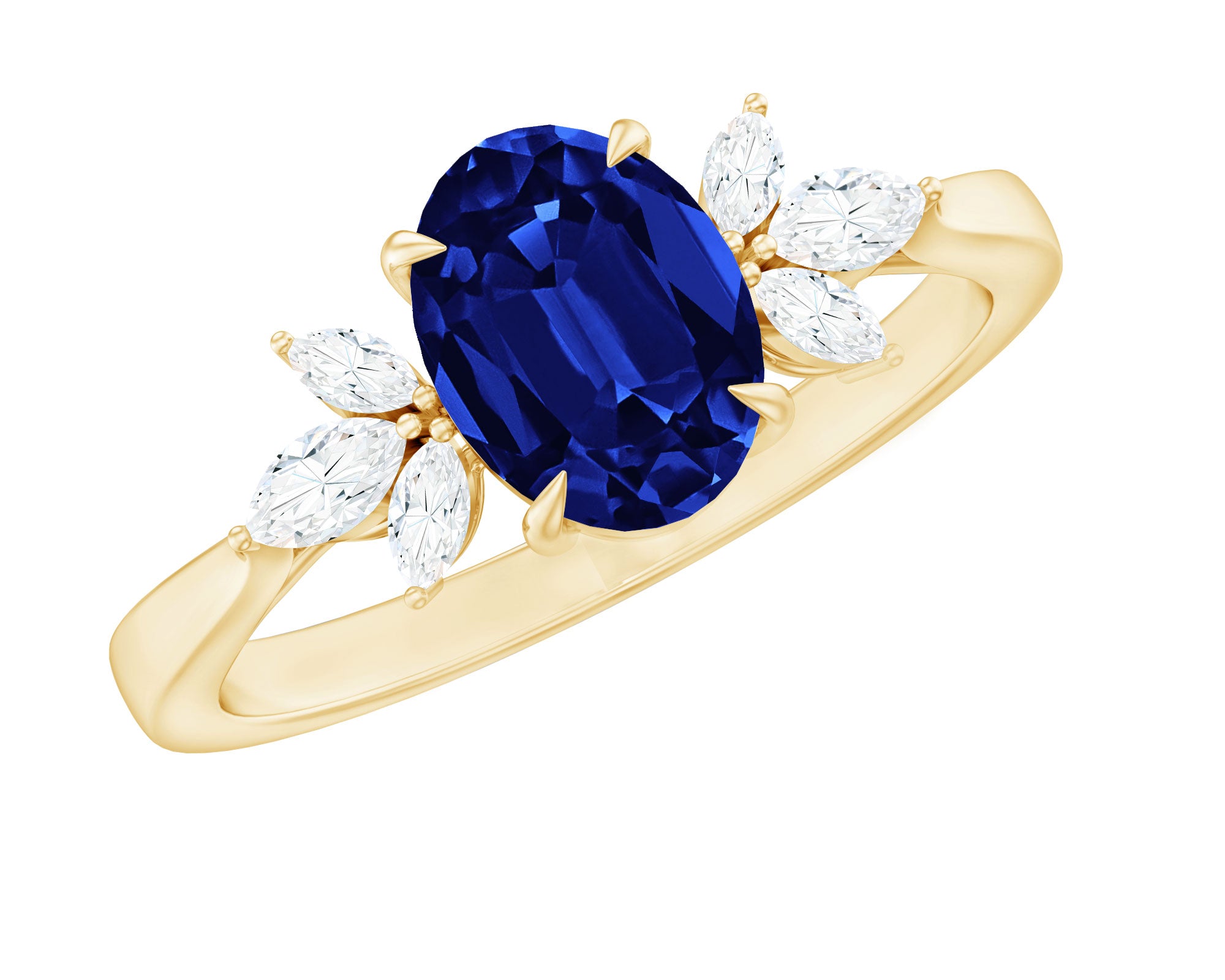 Certified 1.5 Carat Oval Lab Grown Blue Sapphire Engagement Ring with Diamond Trio AAAA - Rosec Jewels