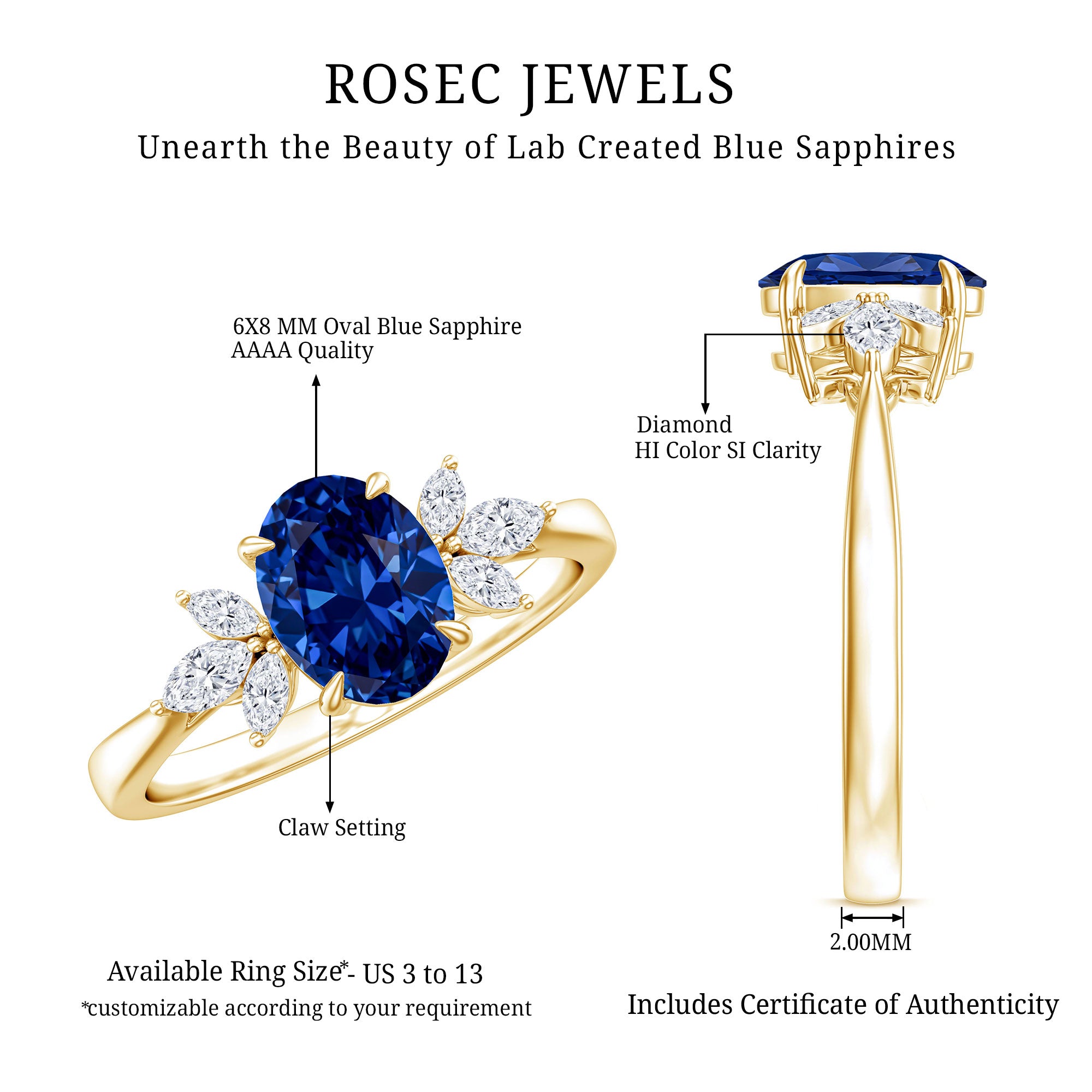 Certified 1.5 Carat Oval Lab Grown Blue Sapphire Engagement Ring with Diamond Trio AAAA - Rosec Jewels