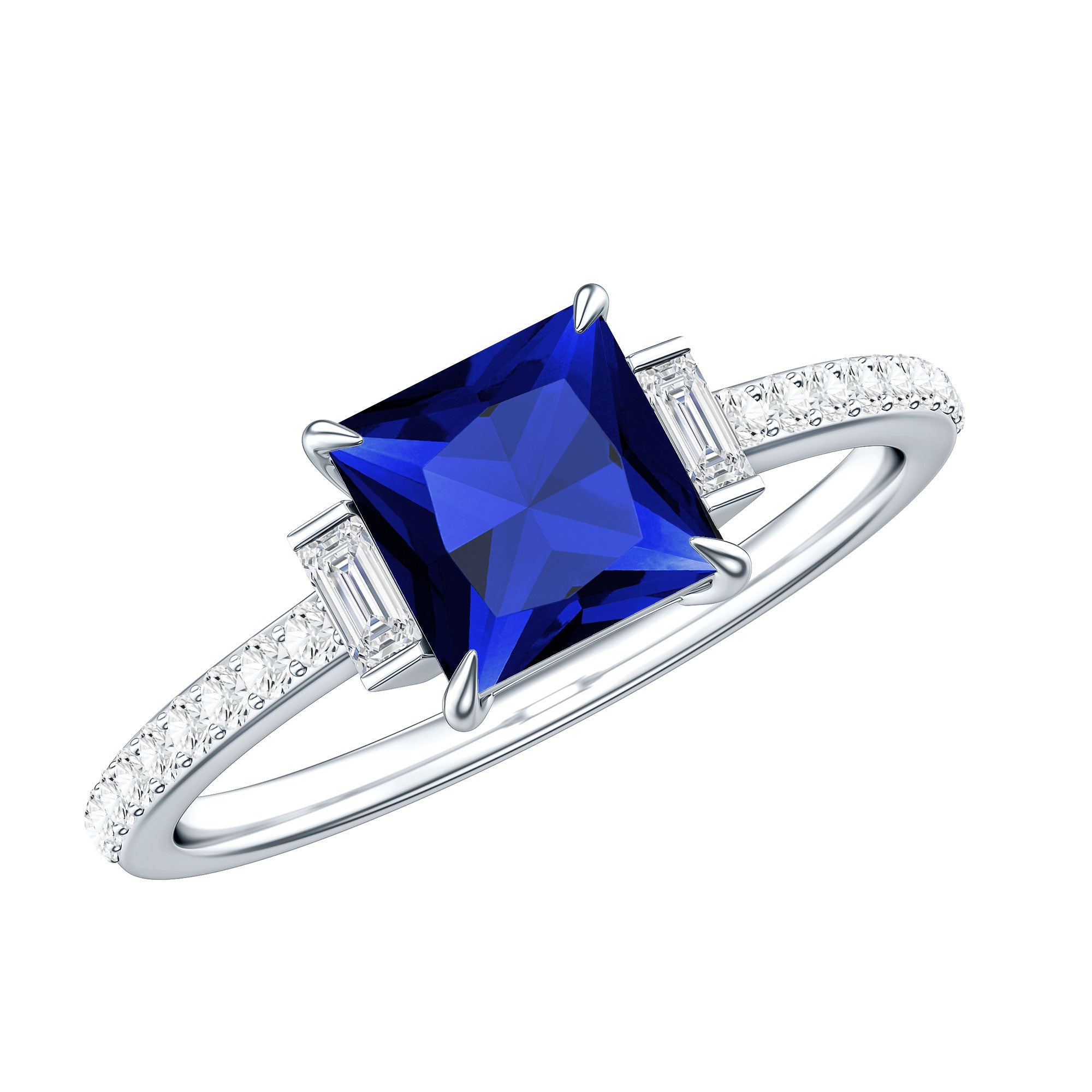 Rosec Jewels-Princess Cut Created Blue Sapphire Solitaire Engagement Ring With Moissanite