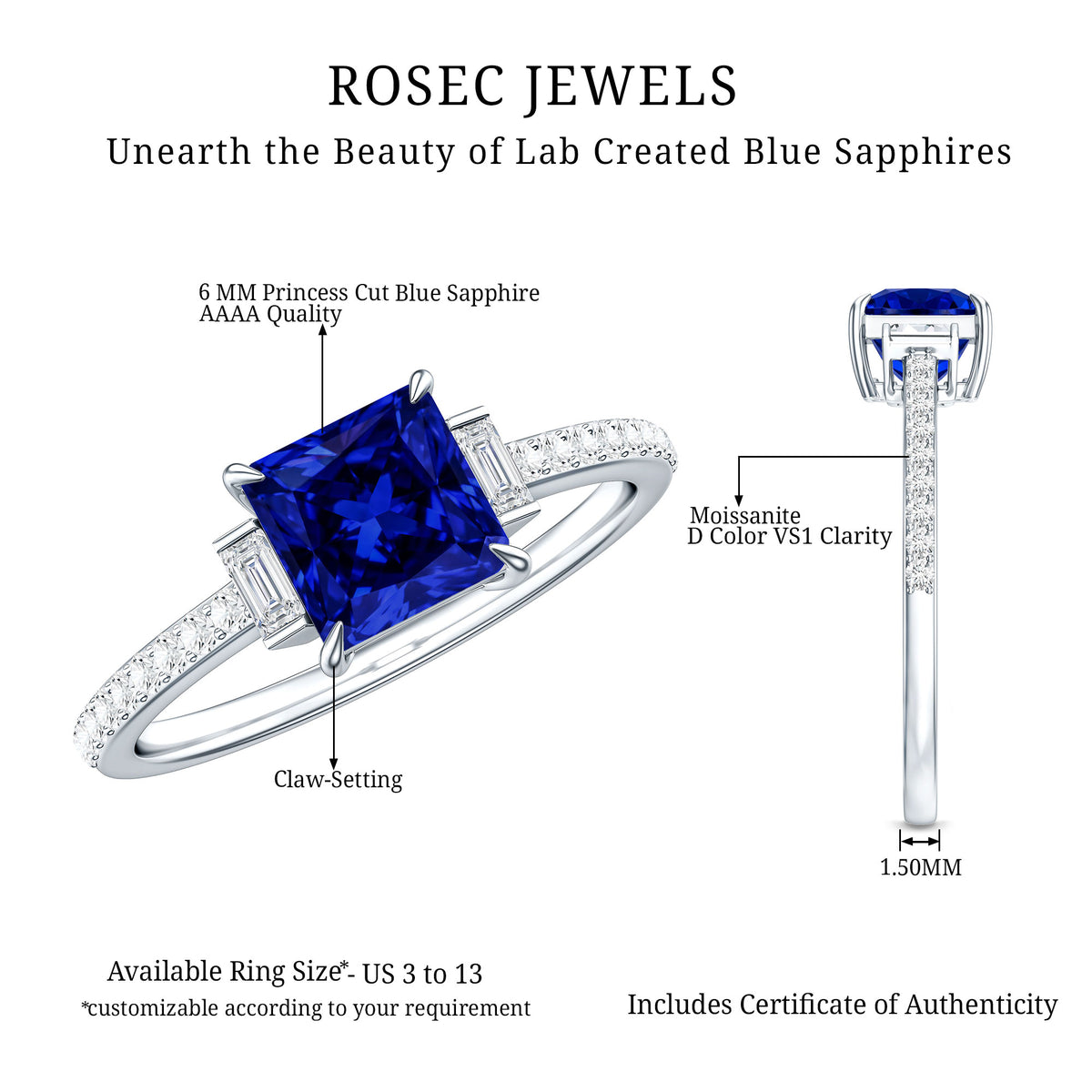 Princess Cut Created Blue Sapphire Solitaire Engagement Ring With Moissanite AAAA - Rosec Jewels