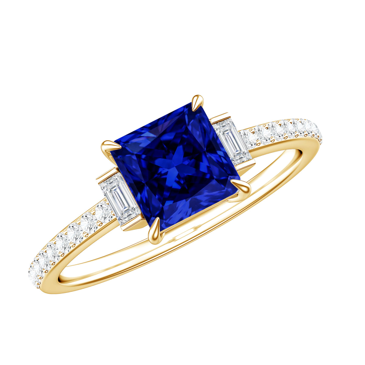 Princess Cut Created Blue Sapphire Solitaire Engagement Ring With Moissanite AAAA - Rosec Jewels