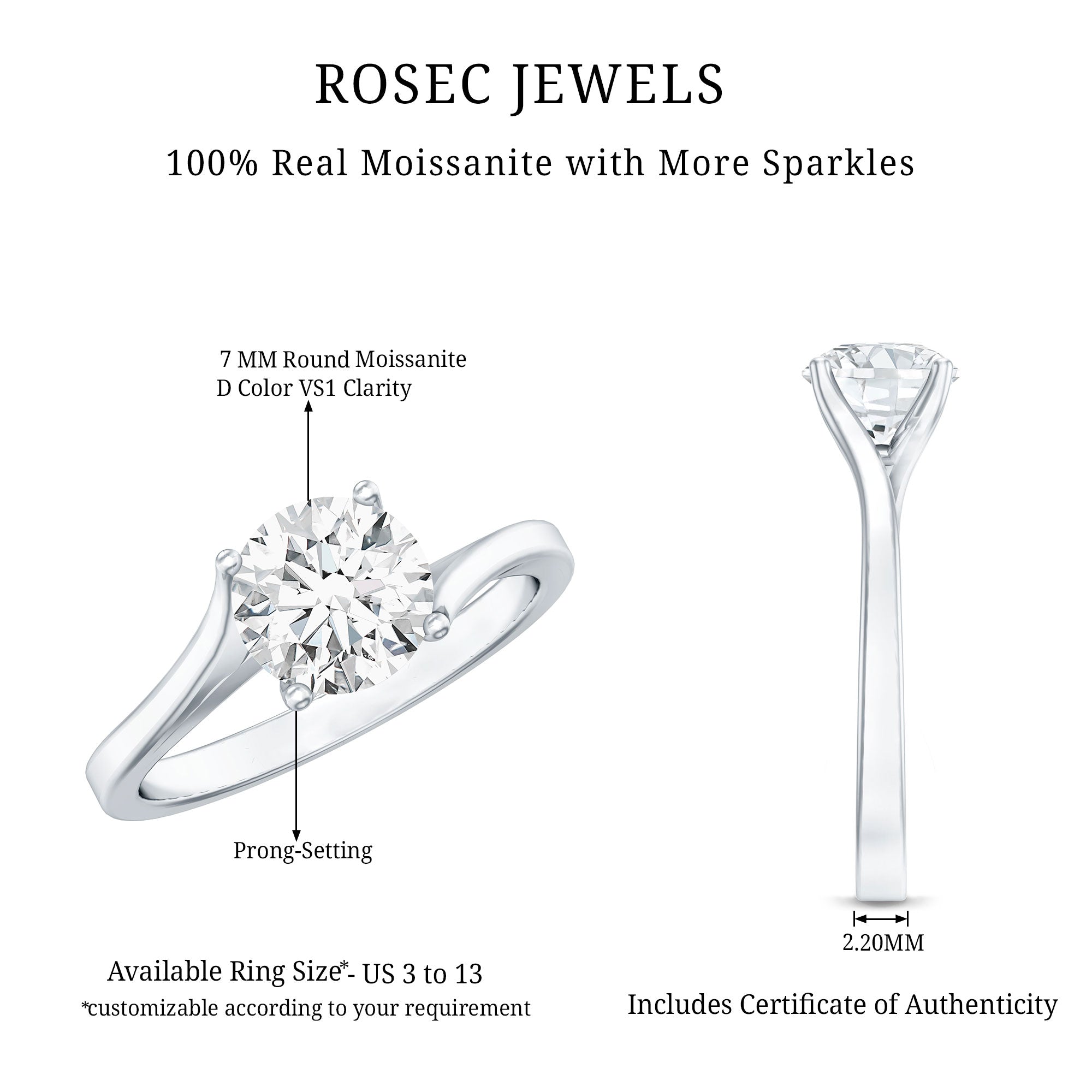 Certified Solitaire Moissanite Bypass Engagement Ring D-VS1 - Rosec Jewels