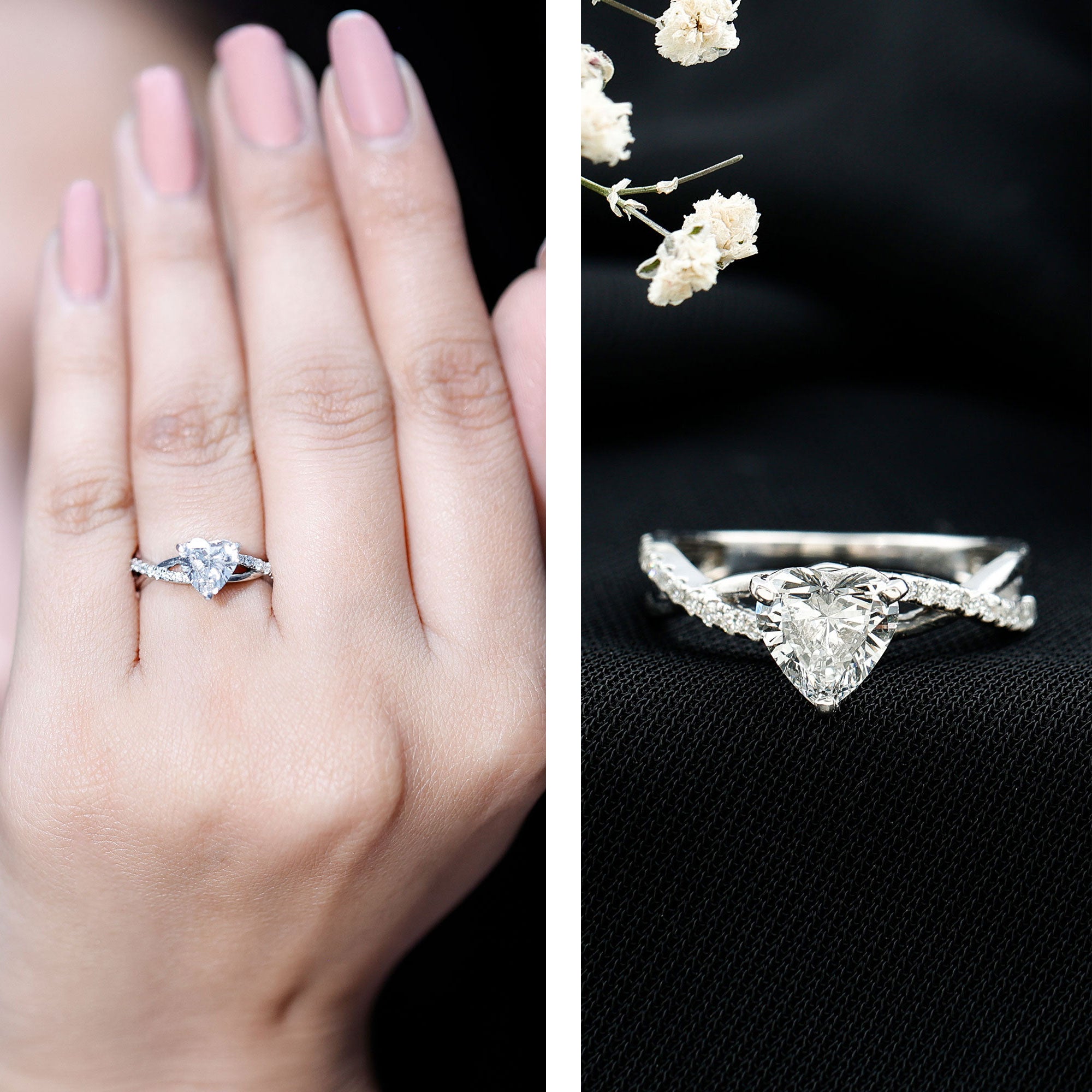 Heart Shape Moissanite Crossover Engagement Ring for Her D-VS1 - Rosec Jewels