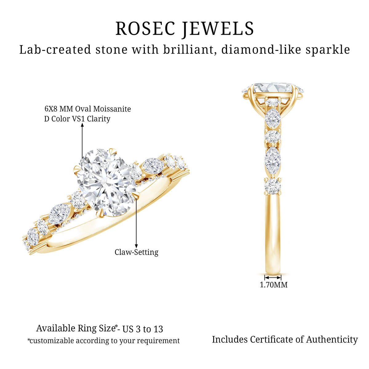 Oval Moissanite Solitaire Engagement Ring in Claw Setting D-VS1 - Rosec Jewels