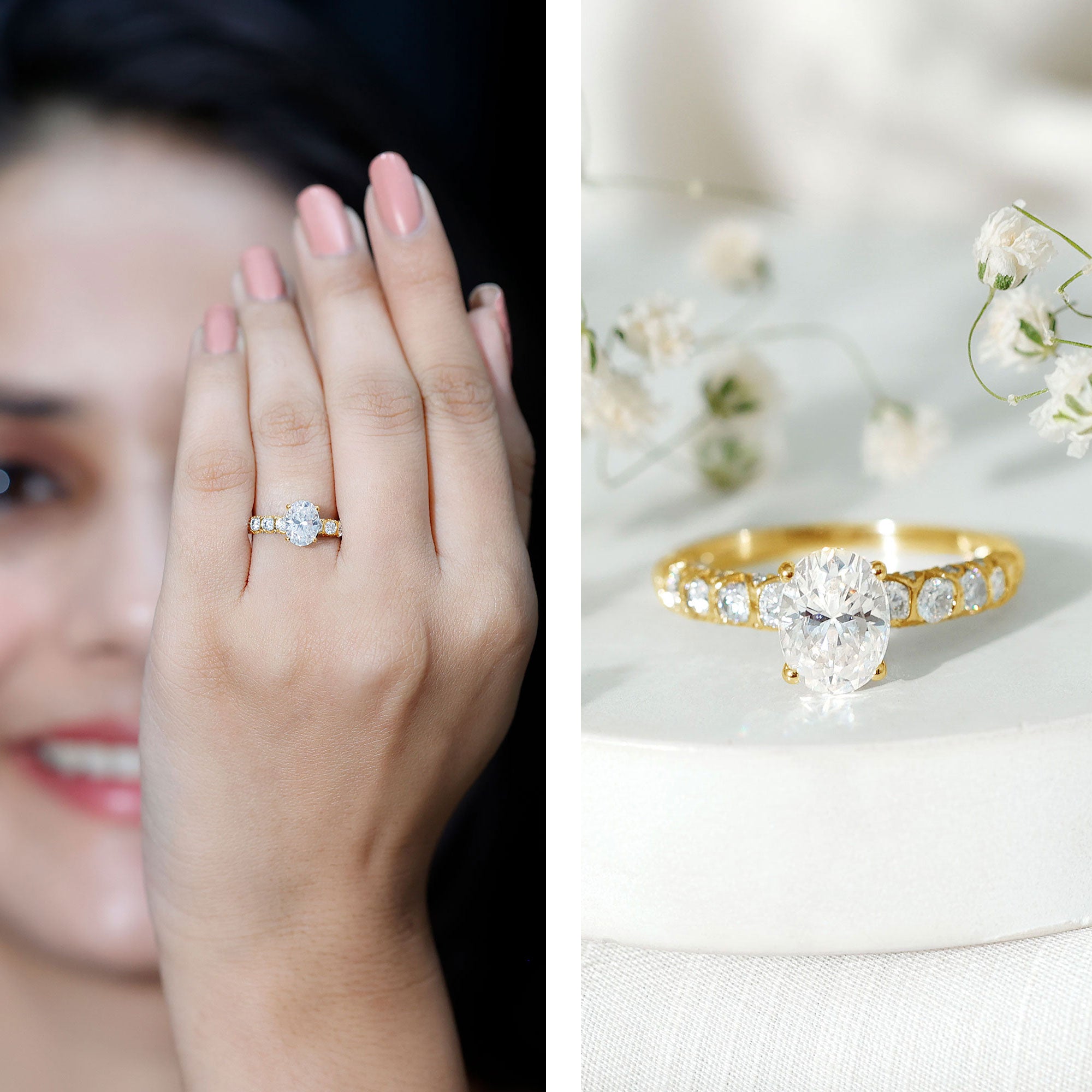 Rosec Jewels-Oval Moissanite Solitaire Engagement Ring with Side Stones