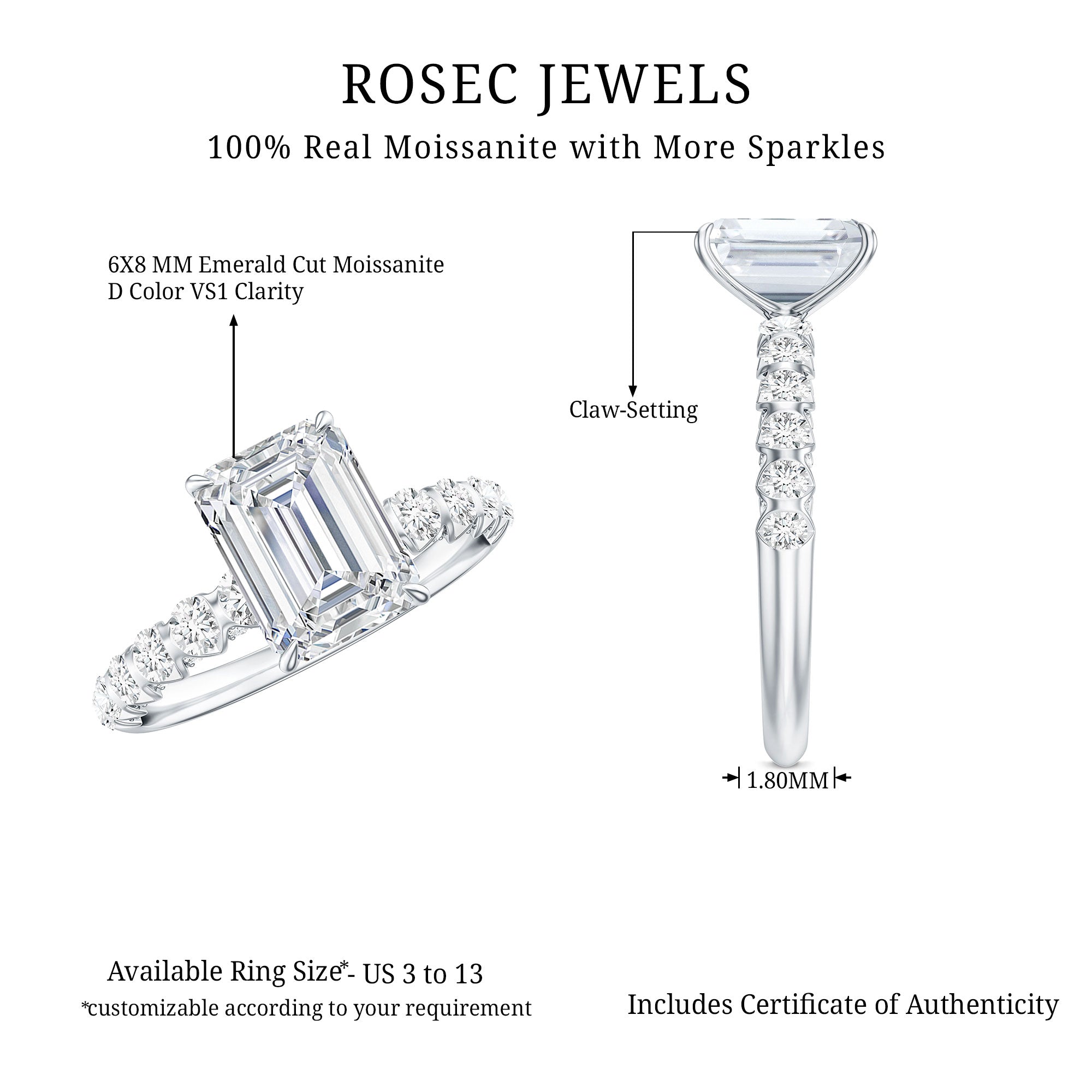 Rosec Jewels-Octagon Moissanite Solitaire Engagement Ring with Side Stones