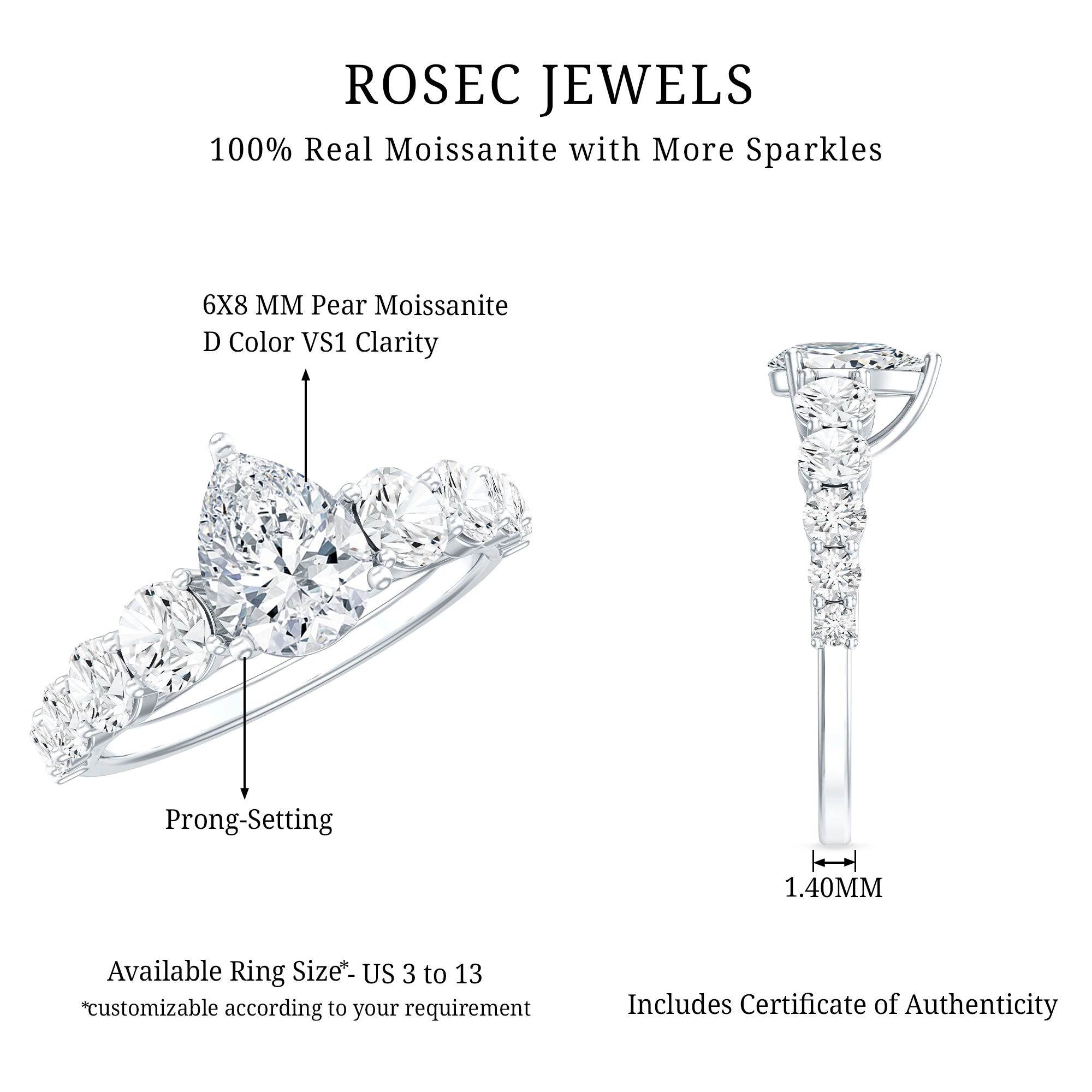 Perfect Pear Engagement Ring with Moissanite D-VS1 - Rosec Jewels