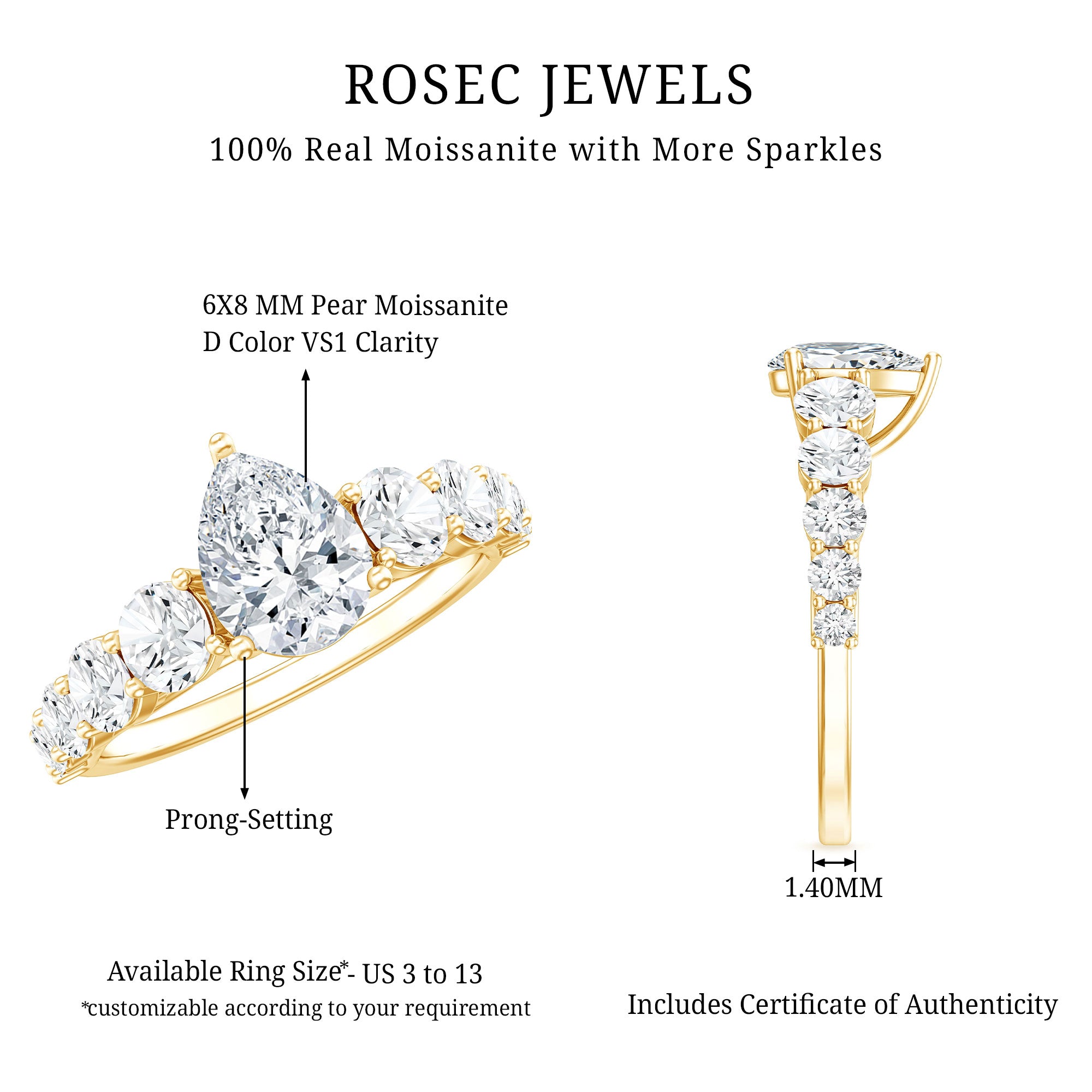 Perfect Pear Engagement Ring with Moissanite D-VS1 - Rosec Jewels