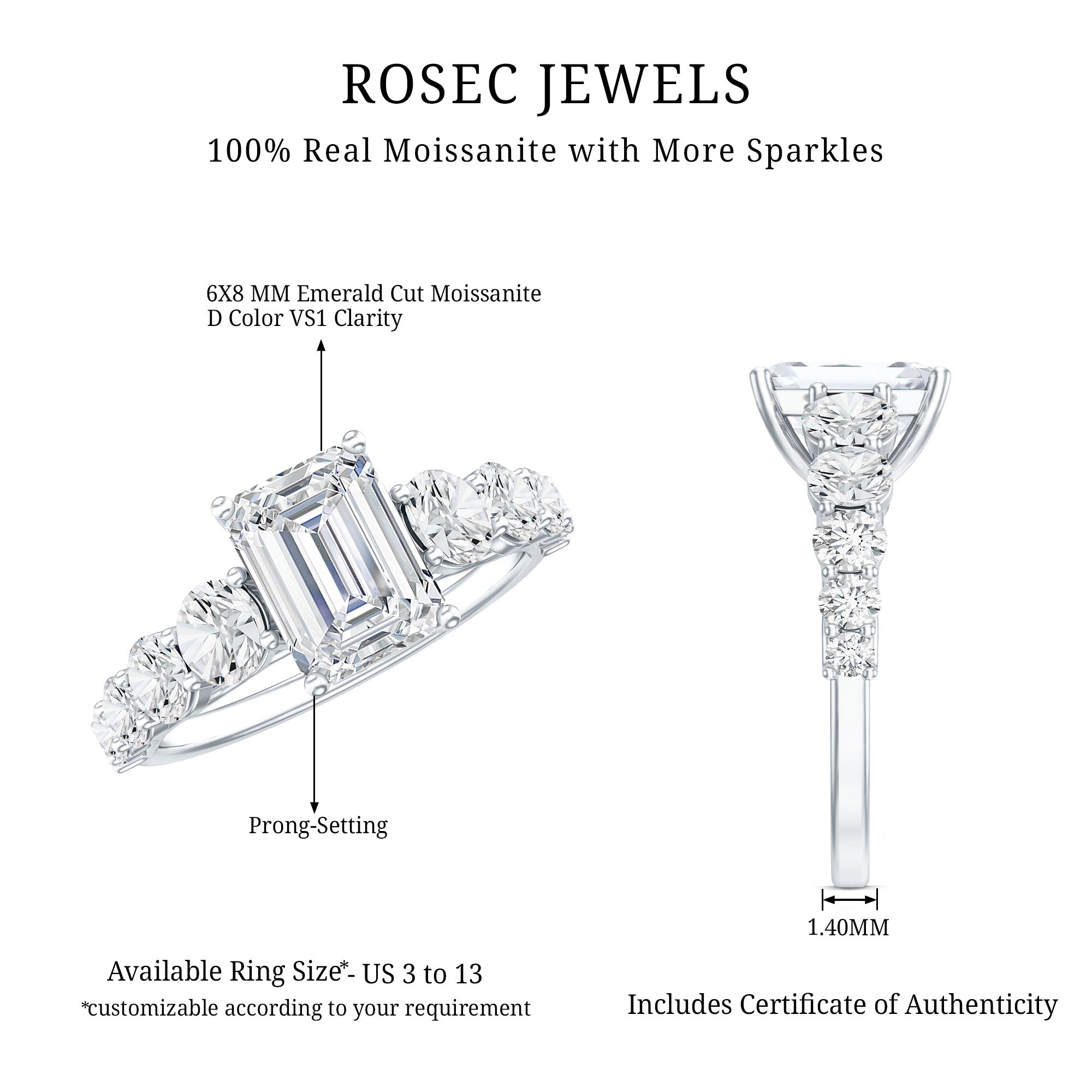 3.5 CT Octagon Cut Moissanite Solitaire Ring with Side Stones D-VS1 - Rosec Jewels