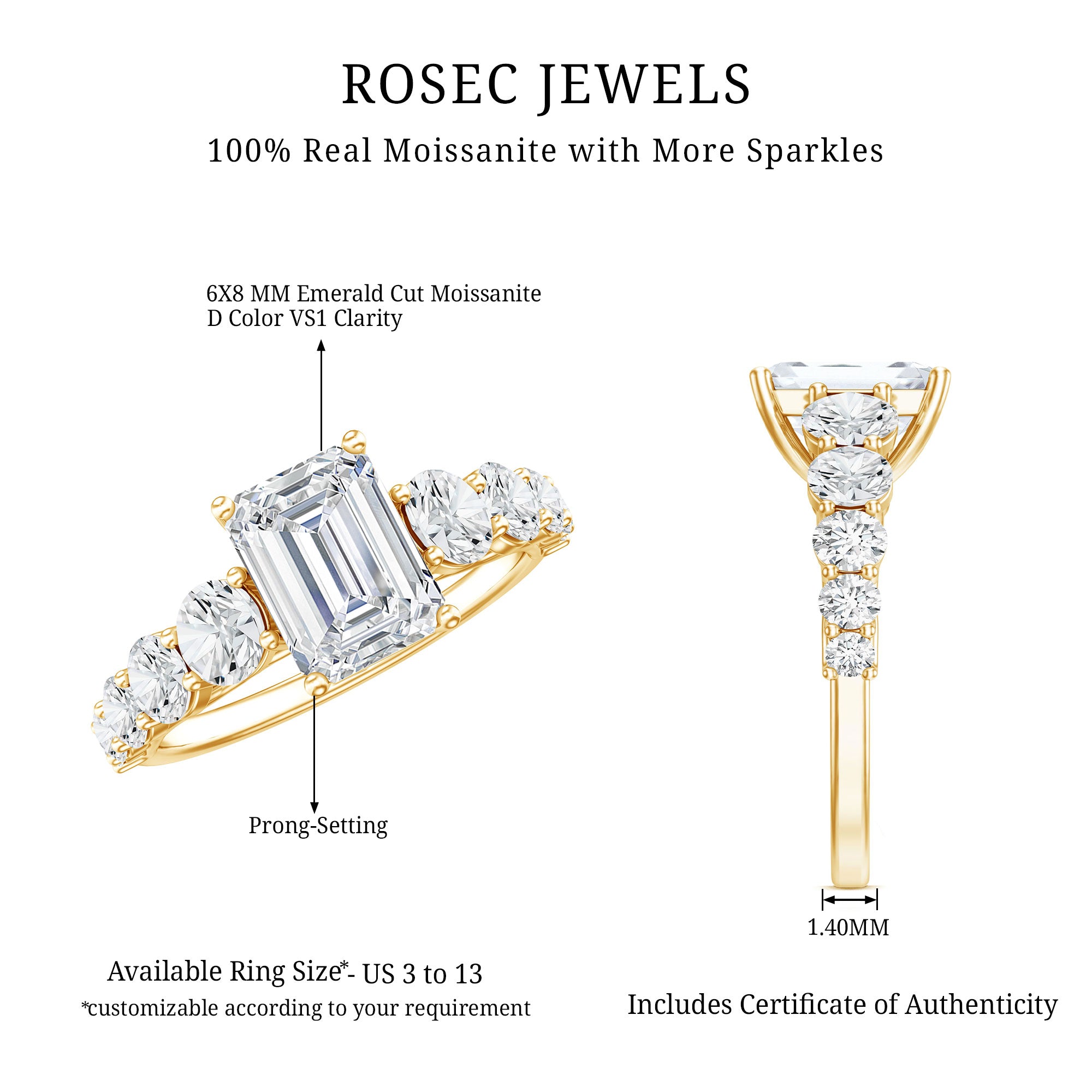 3.5 CT Octagon Cut Moissanite Solitaire Ring with Side Stones D-VS1 - Rosec Jewels