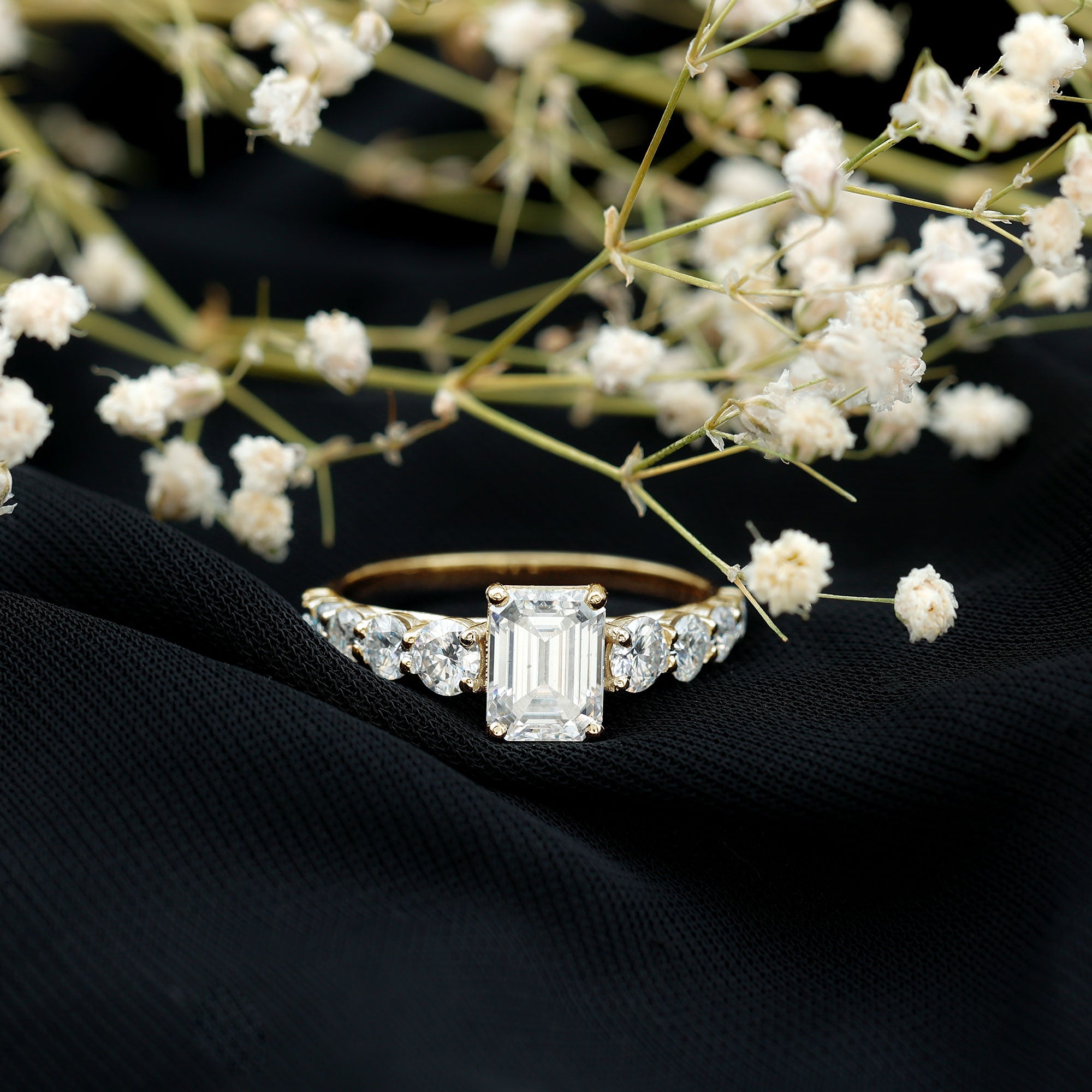 3.5 CT Octagon Cut Moissanite Solitaire Ring with Side Stones D-VS1 - Rosec Jewels
