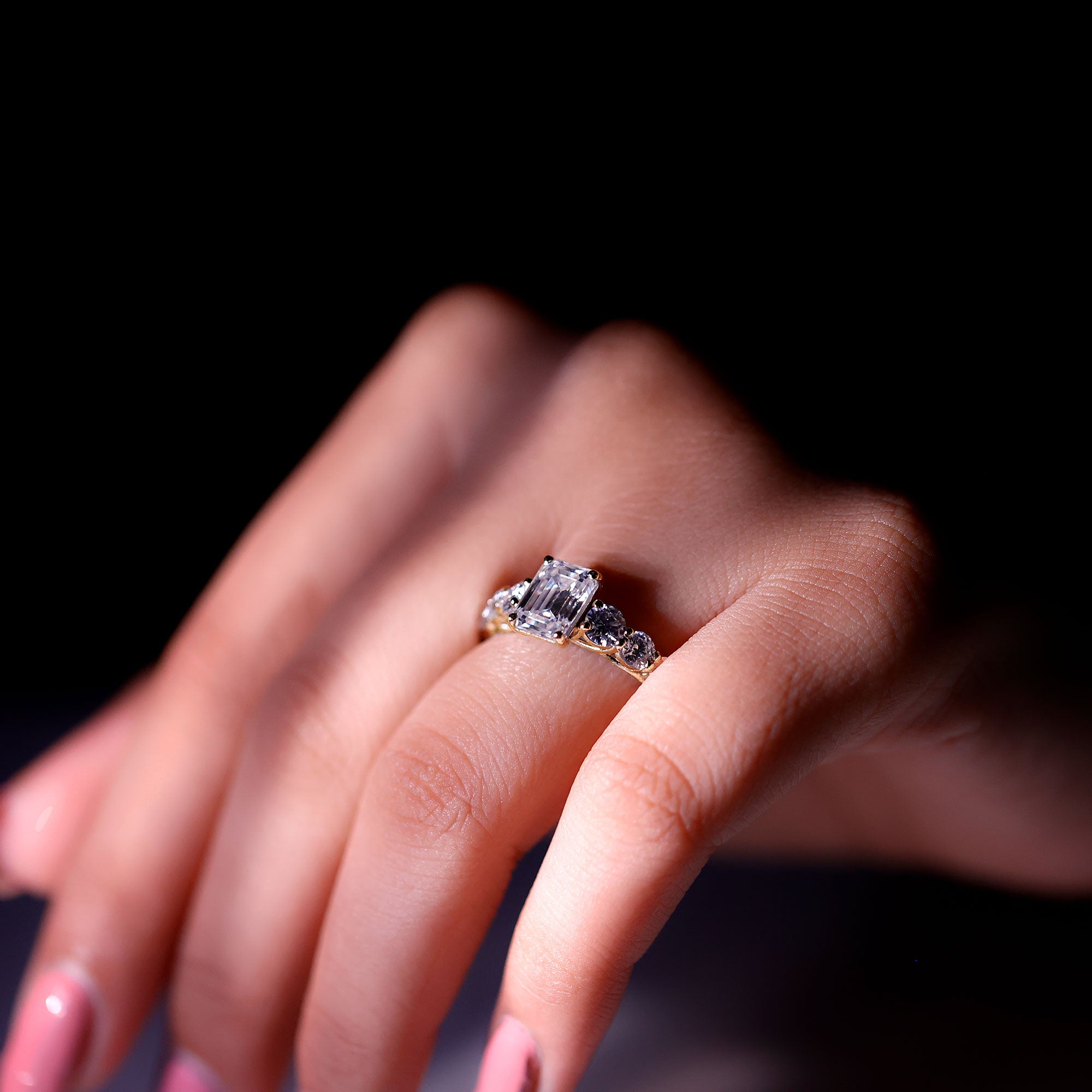 3.5 CT Octagon Cut Moissanite Solitaire Ring with Side Stones D-VS1 - Rosec Jewels