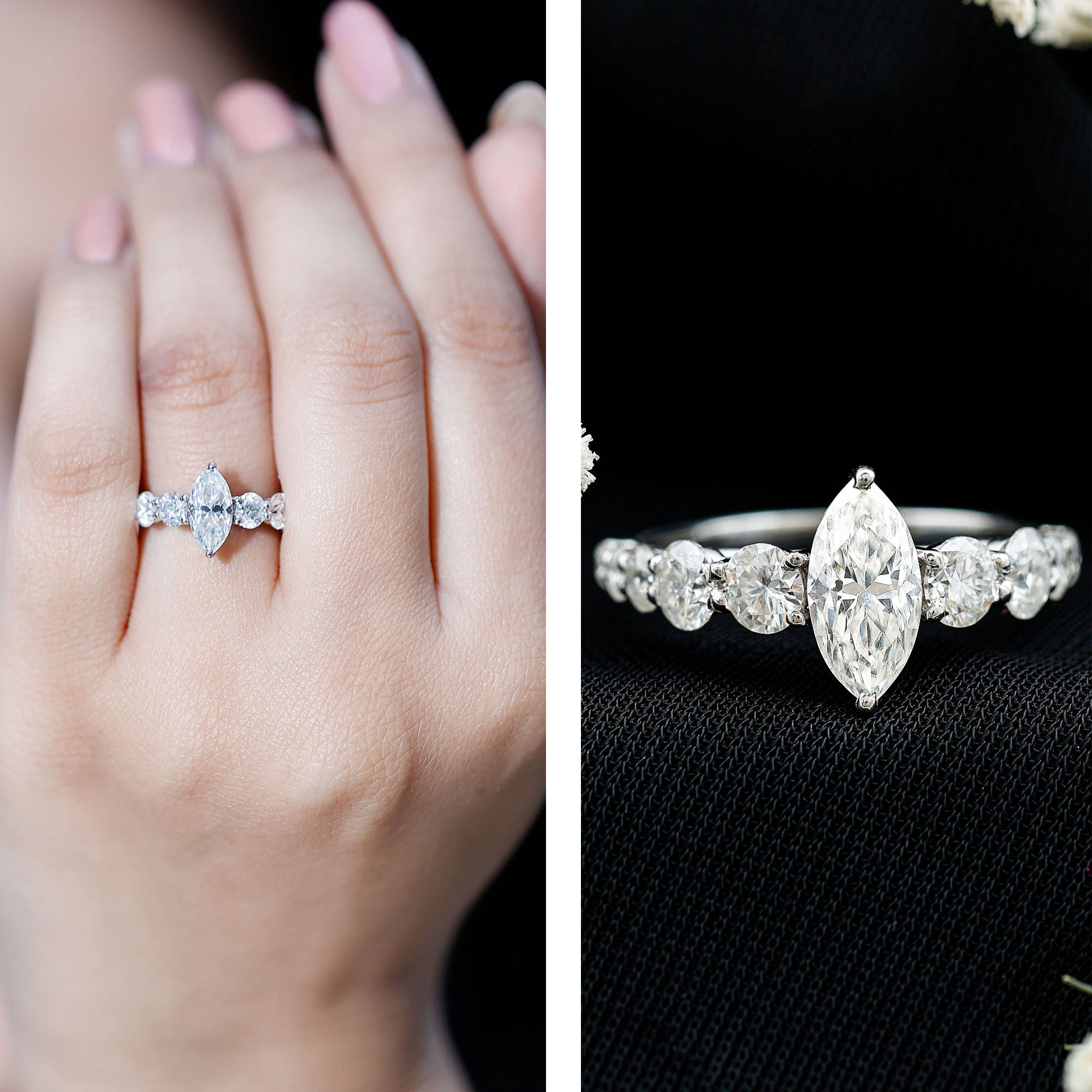 Rosec Jewels-Marquise Moissanite Engagement Ring With Side Stones