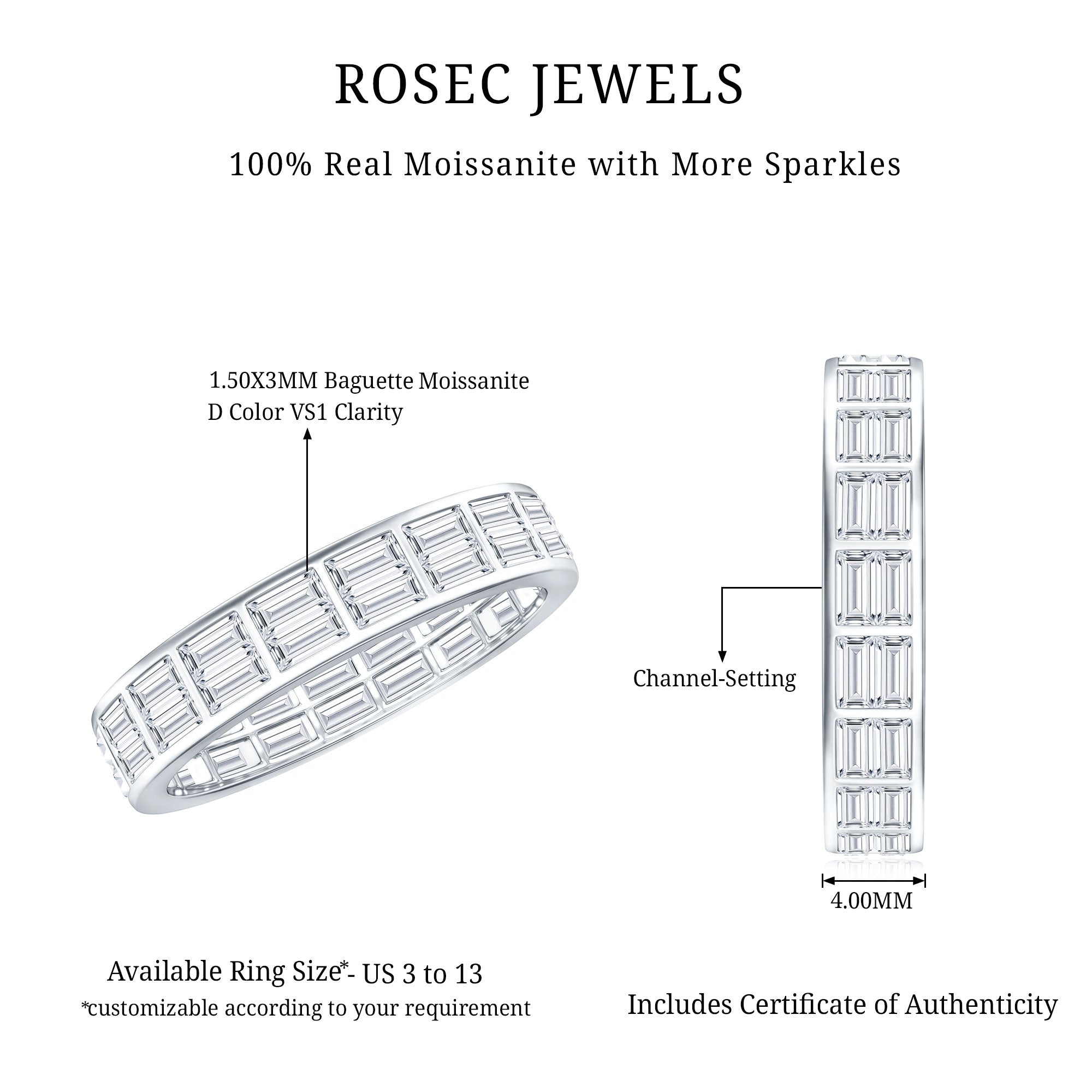 Baguette Cut Certified Moissanite Two Row Eternity Band D-VS1 - Rosec Jewels