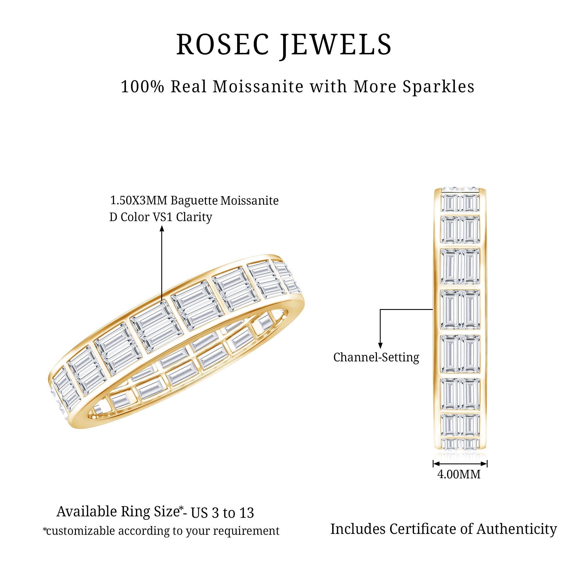 Baguette Cut Certified Moissanite Two Row Eternity Band D-VS1 - Rosec Jewels