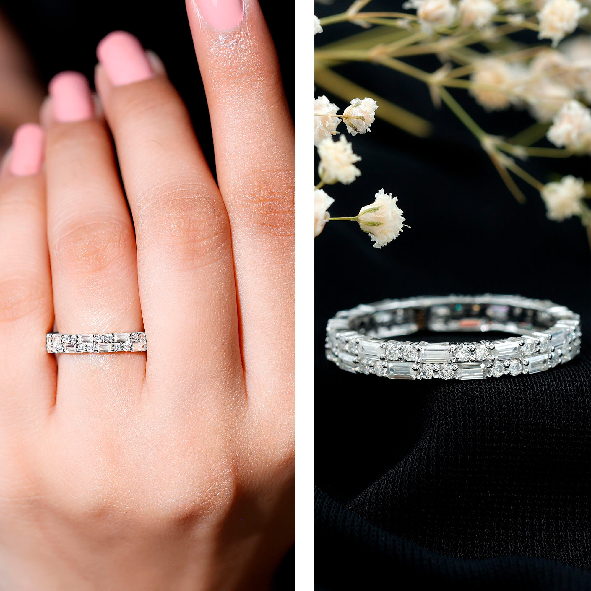 Double Row Moissanite Stackable Eternity Band Ring D-VS1 - Rosec Jewels