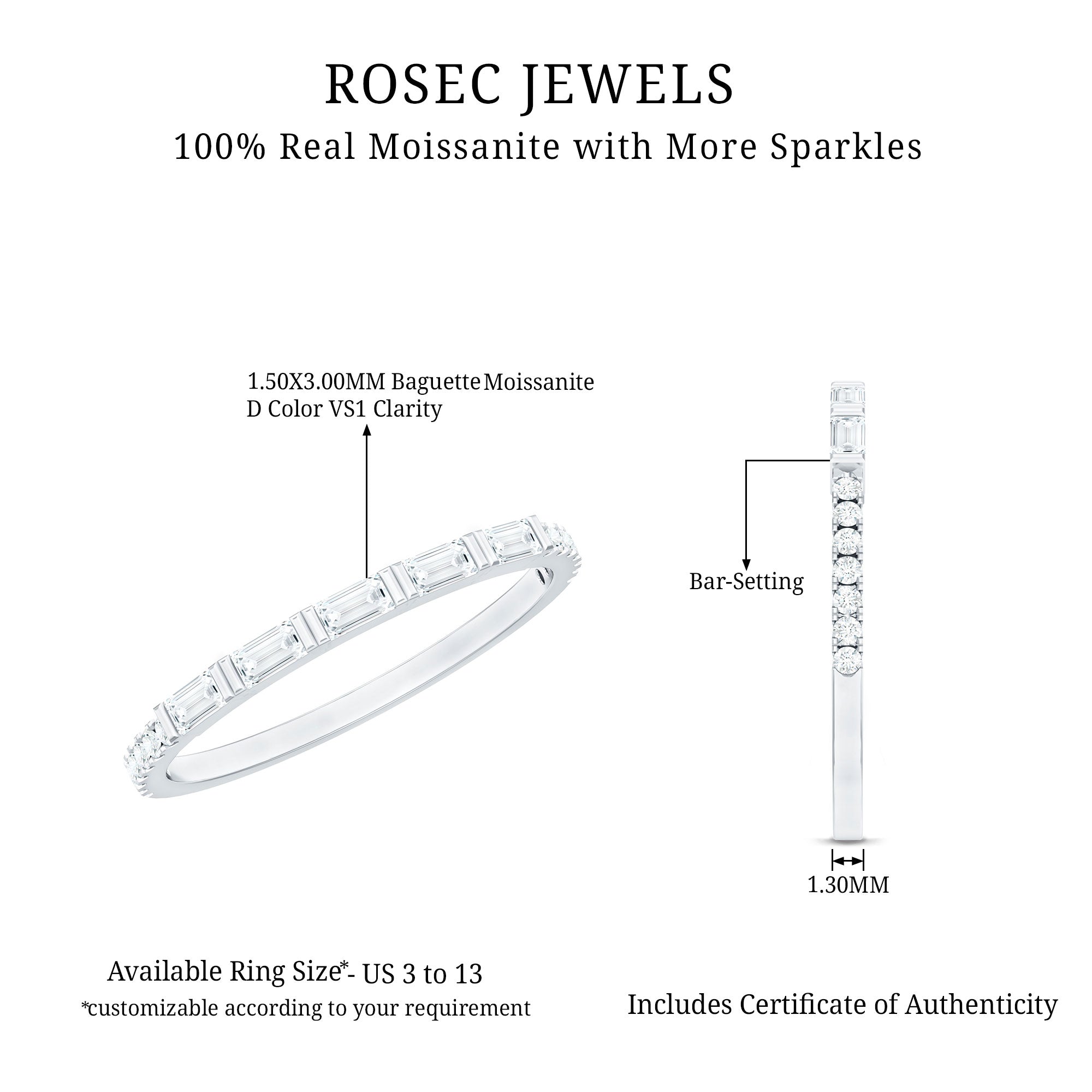 Baguette Shape Moissanite Stackable Ring in Bar Setting D-VS1 - Rosec Jewels