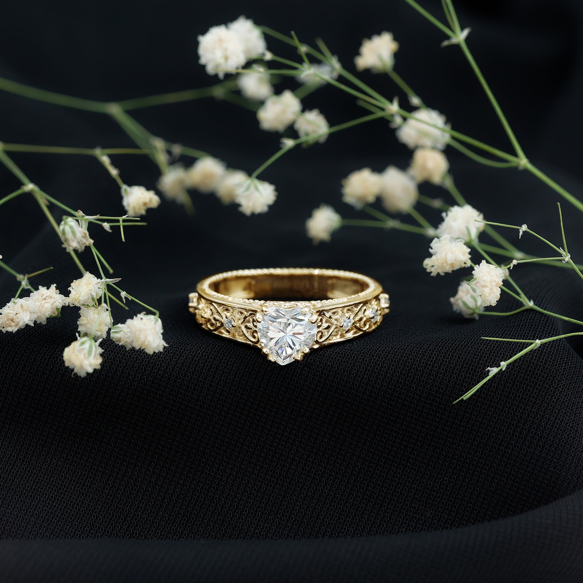 Rosec Jewels-Heart Shape Moissanite Filigree Style Engagement Rings