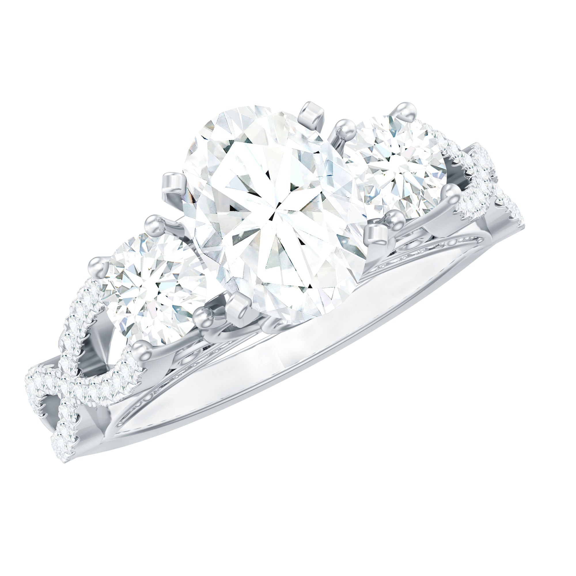 Certified Moissanite Three Stone Engagement Ring with Crossover Shank