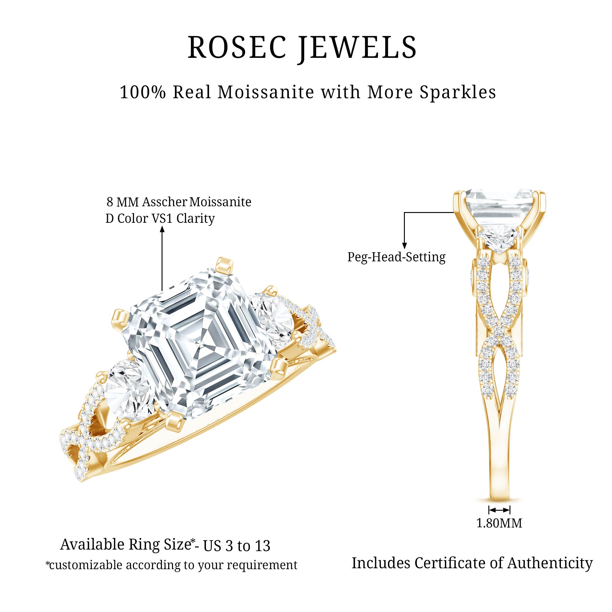 Asscher Cut Certified Moissanite Vintage Looking Engagement Ring D-VS1 - Rosec Jewels