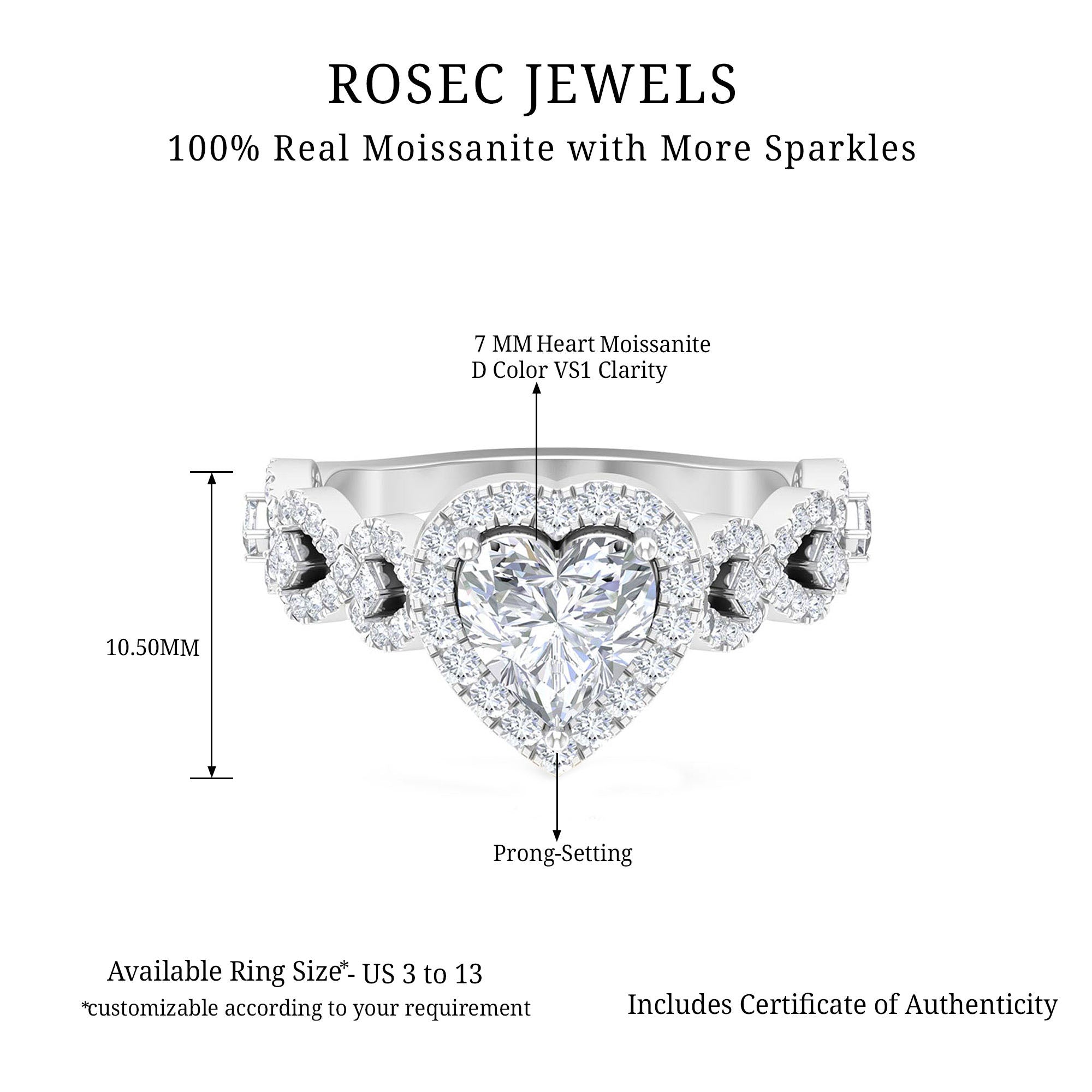 1.5 CT Heart Shape Moissanite Engagement Ring with Accent D-VS1 - Rosec Jewels
