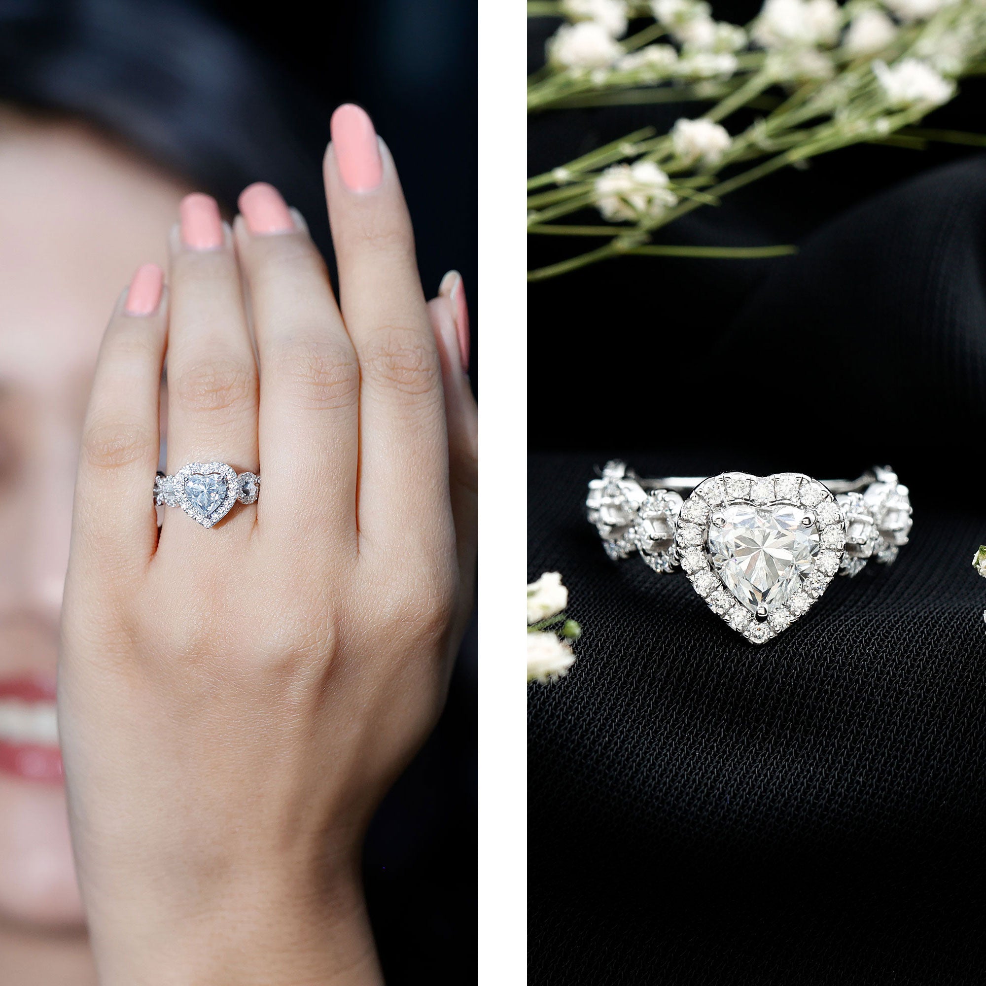 1.5 CT Heart Shape Moissanite Engagement Ring with Accent D-VS1 - Rosec Jewels