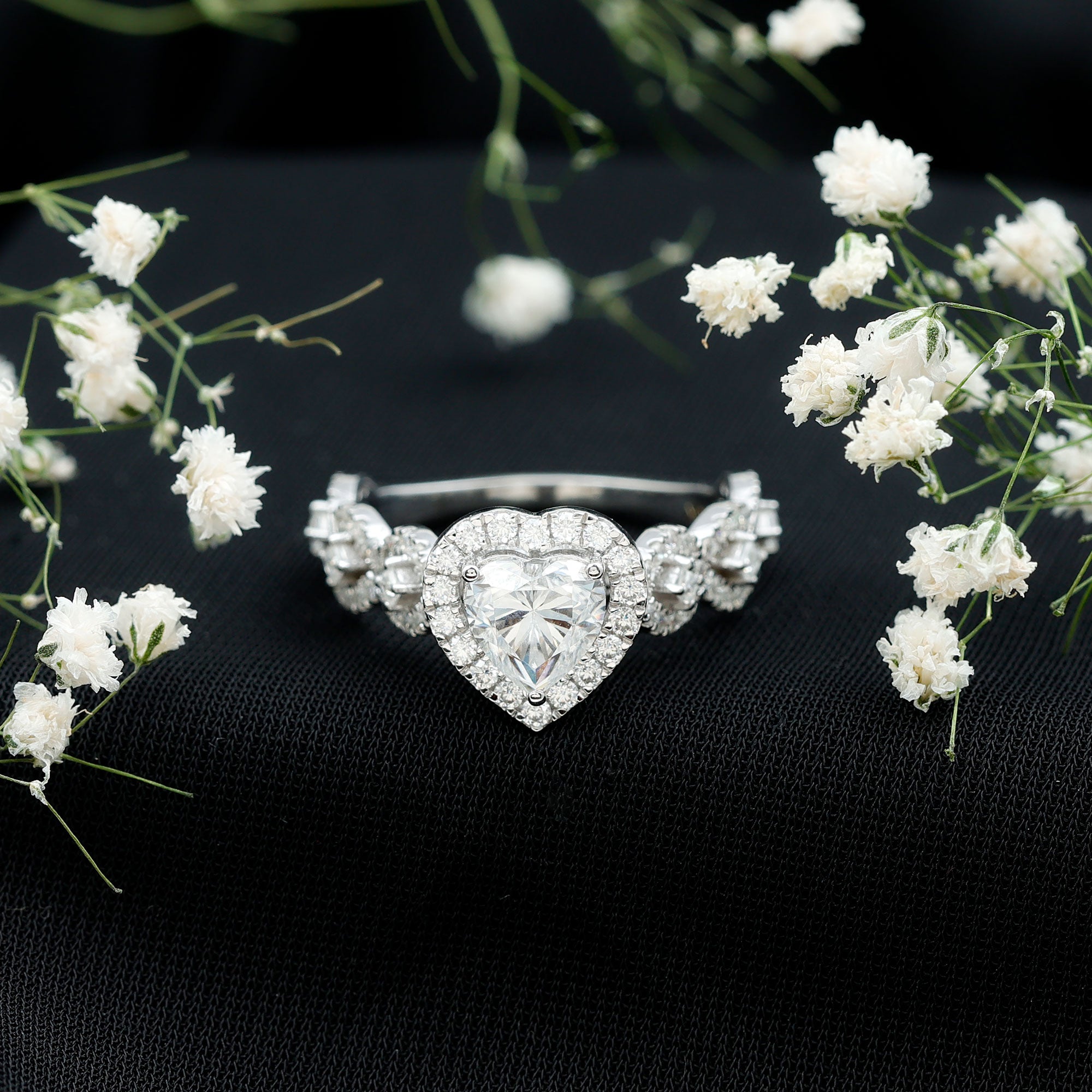 1.5 CT Heart Shape Moissanite Engagement Ring with Accent D-VS1 - Rosec Jewels
