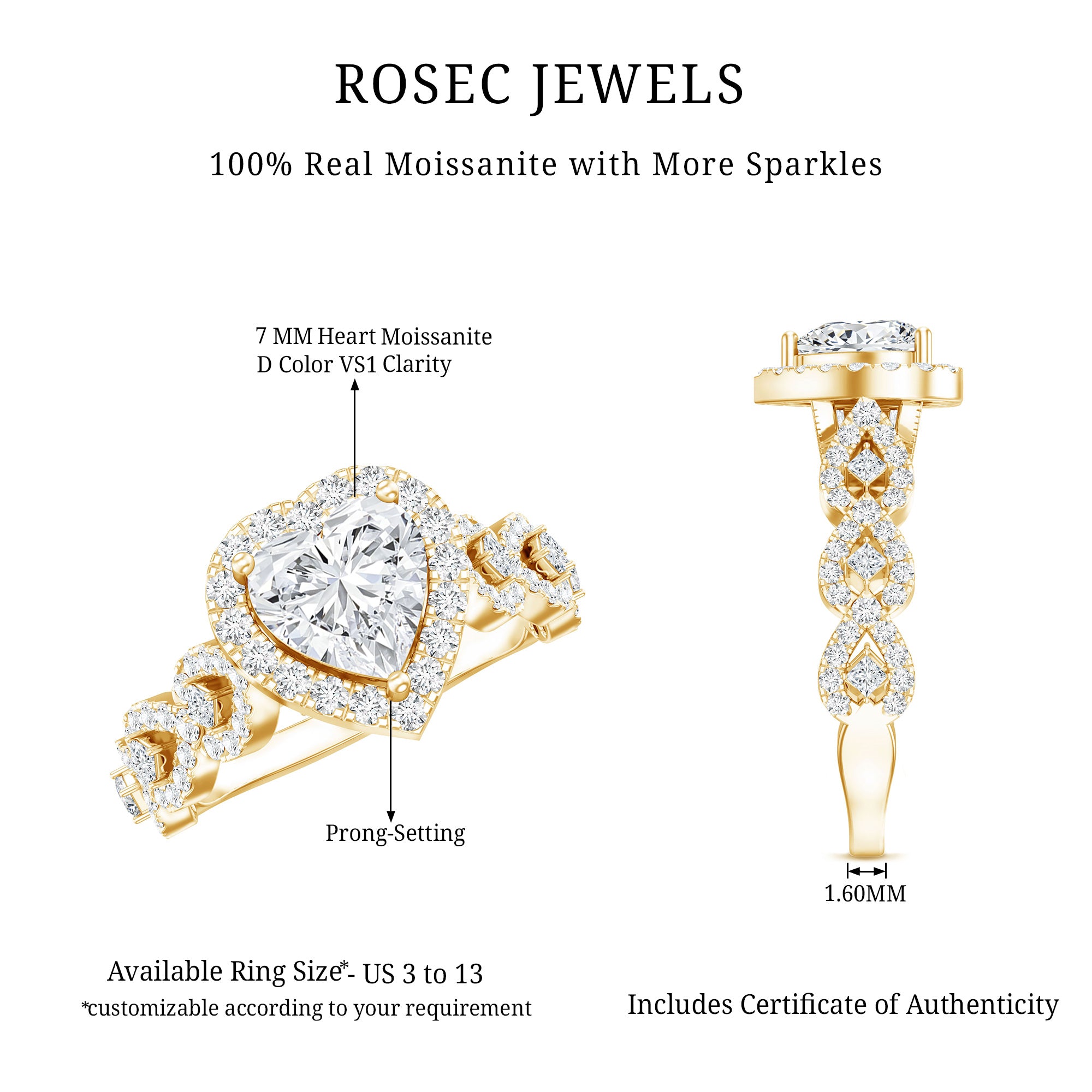1.5 CT Heart Shape Moissanite Engagement Ring with Accent D-VS1 - Rosec Jewels