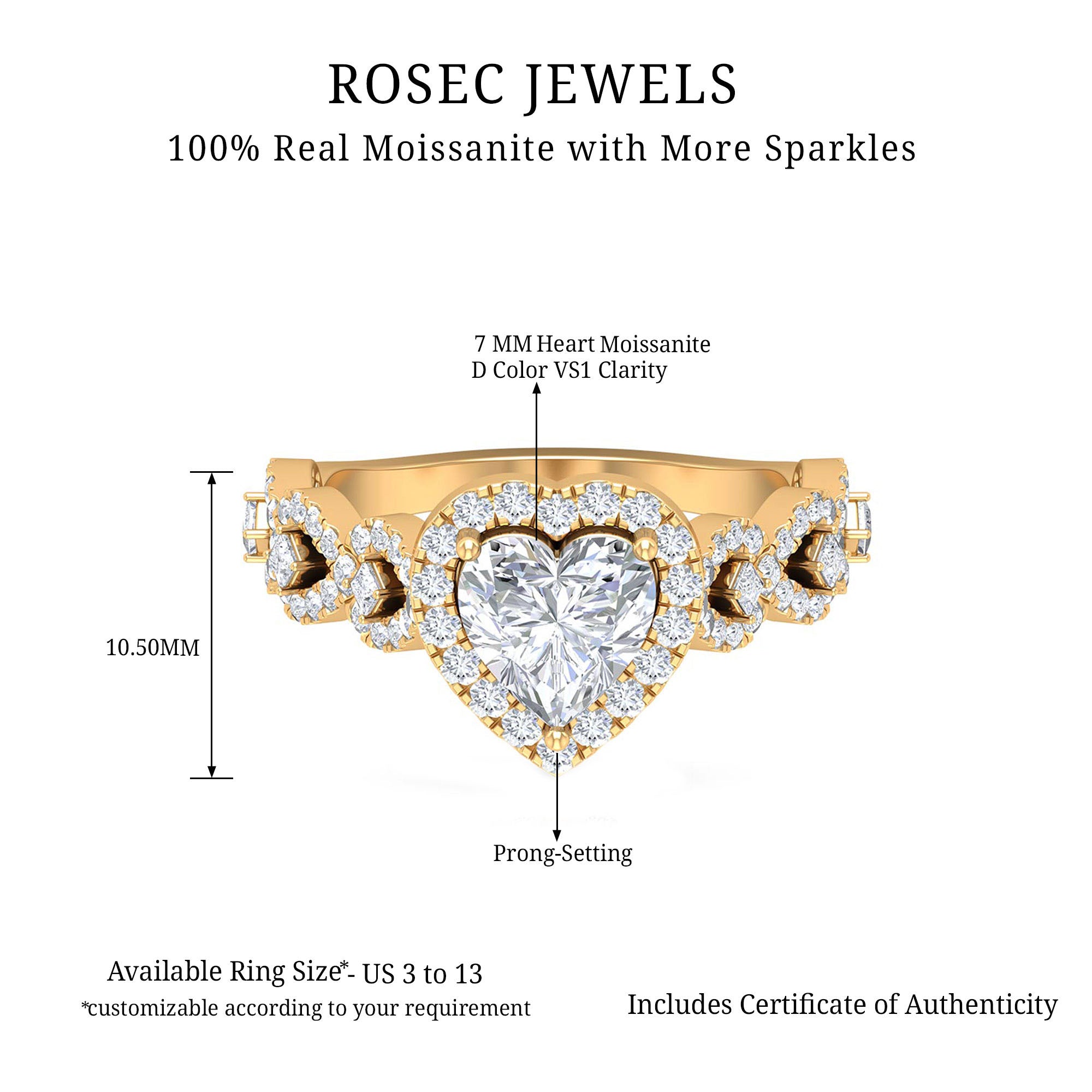 1.5 CT Heart Shape Moissanite Engagement Ring with Accent D-VS1 - Rosec Jewels