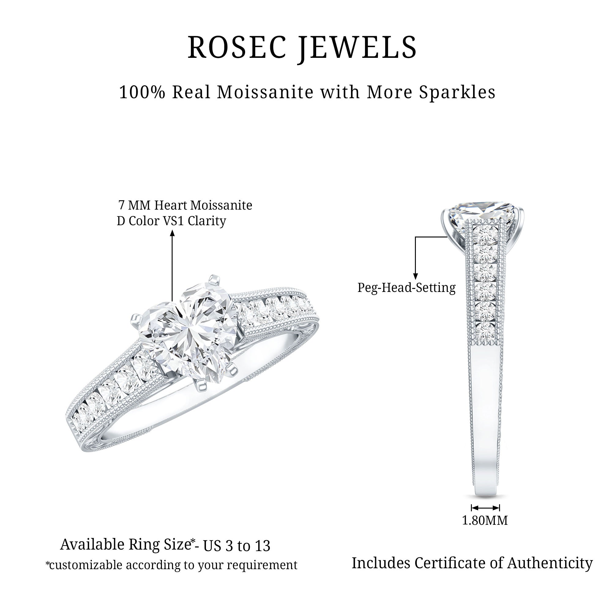 2 CT Moissanite Heart Engagement Ring with Beaded Details D-VS1 - Rosec Jewels