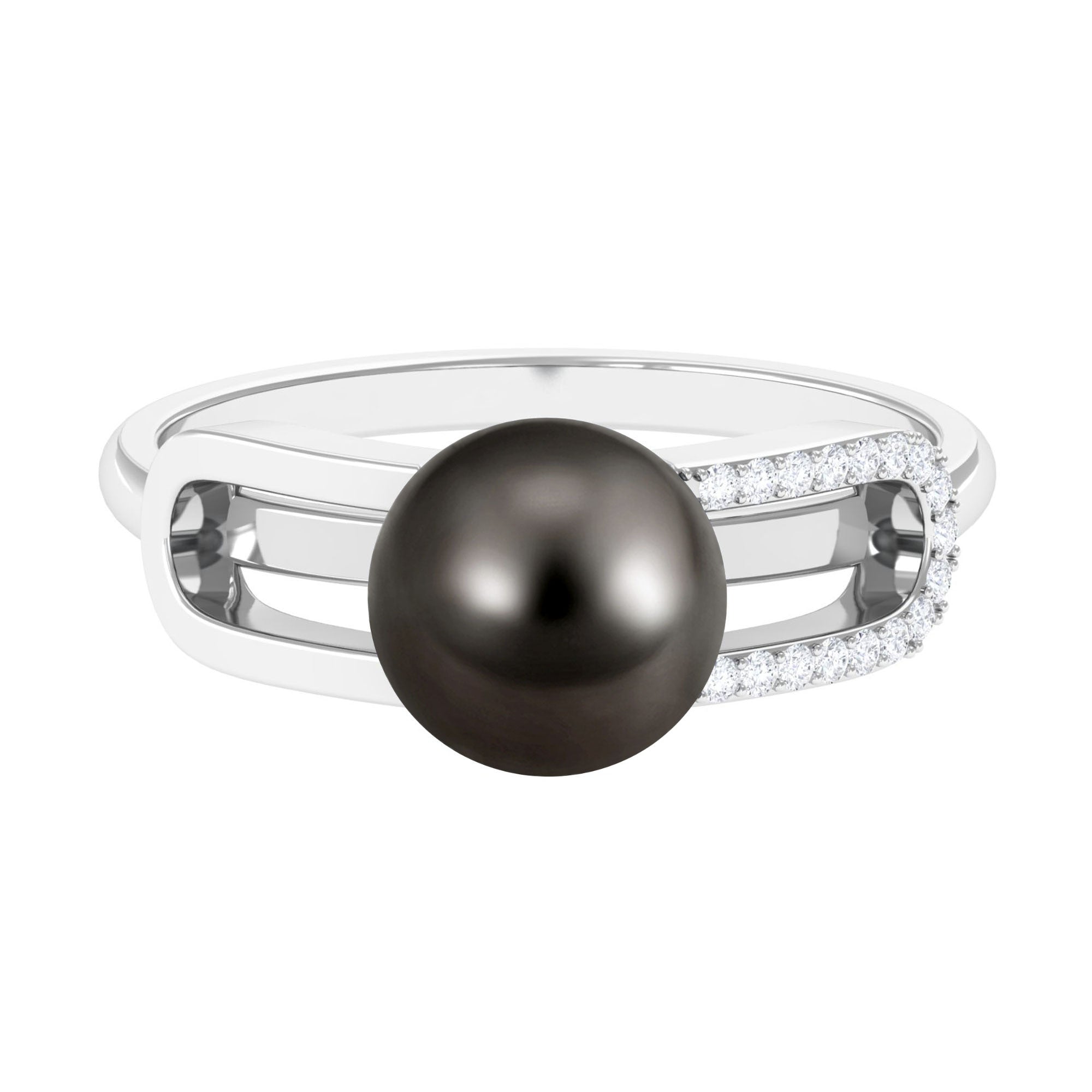 Rosec Jewels-Split Shank Tahitian Pearl Solitaire Engagement Ring with Diamond