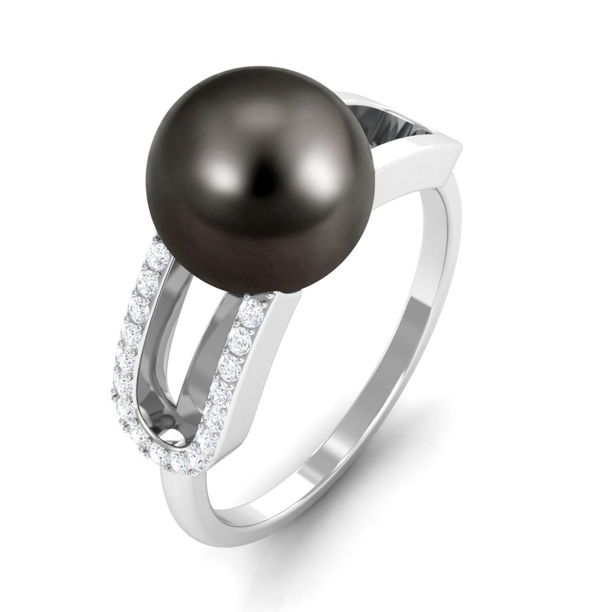 Rosec Jewels-Split Shank Tahitian Pearl Solitaire Engagement Ring with Diamond